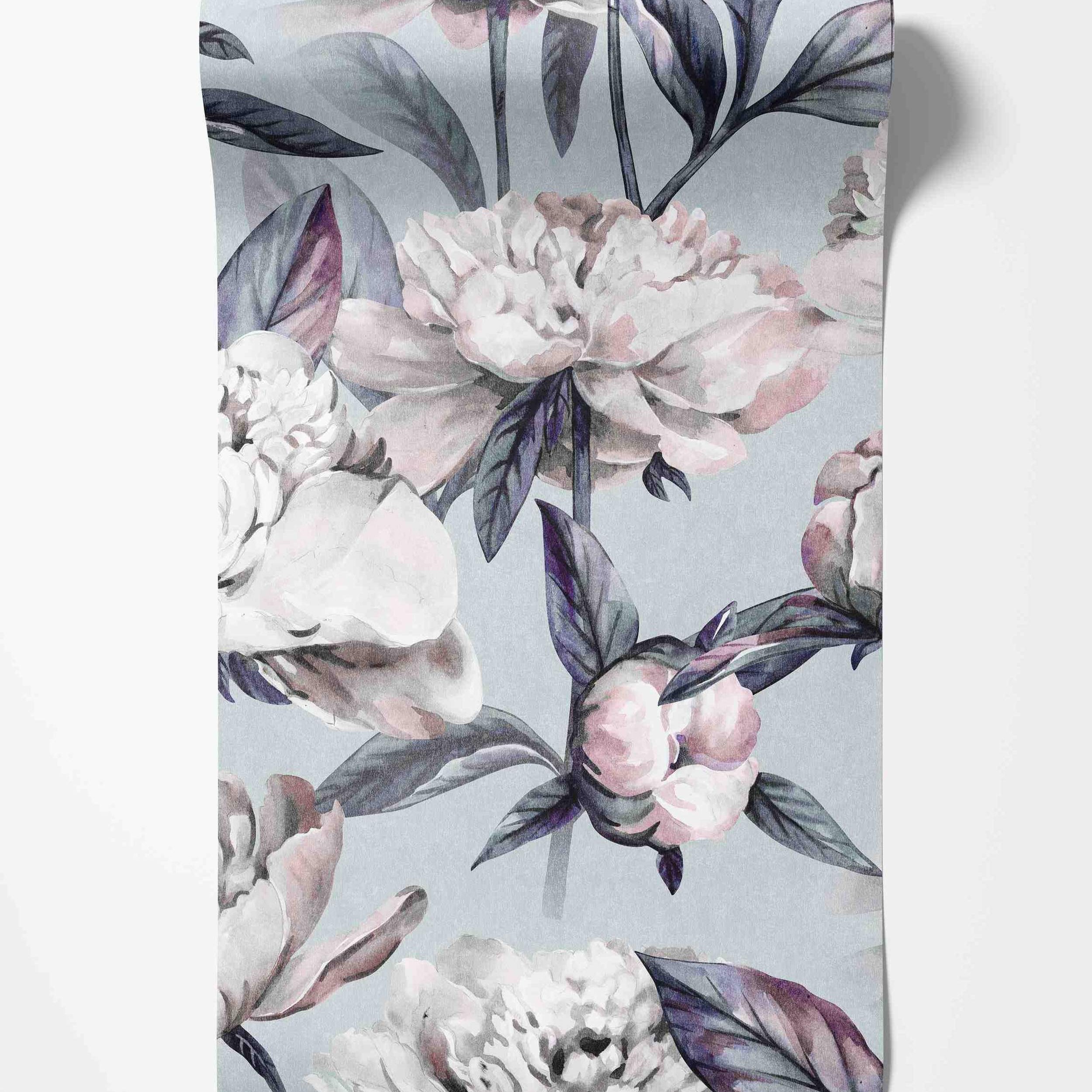 Wallpaper featuring large watercolor peonies in white and pink with dark purple and grey leaves on a pale blue-grey background.