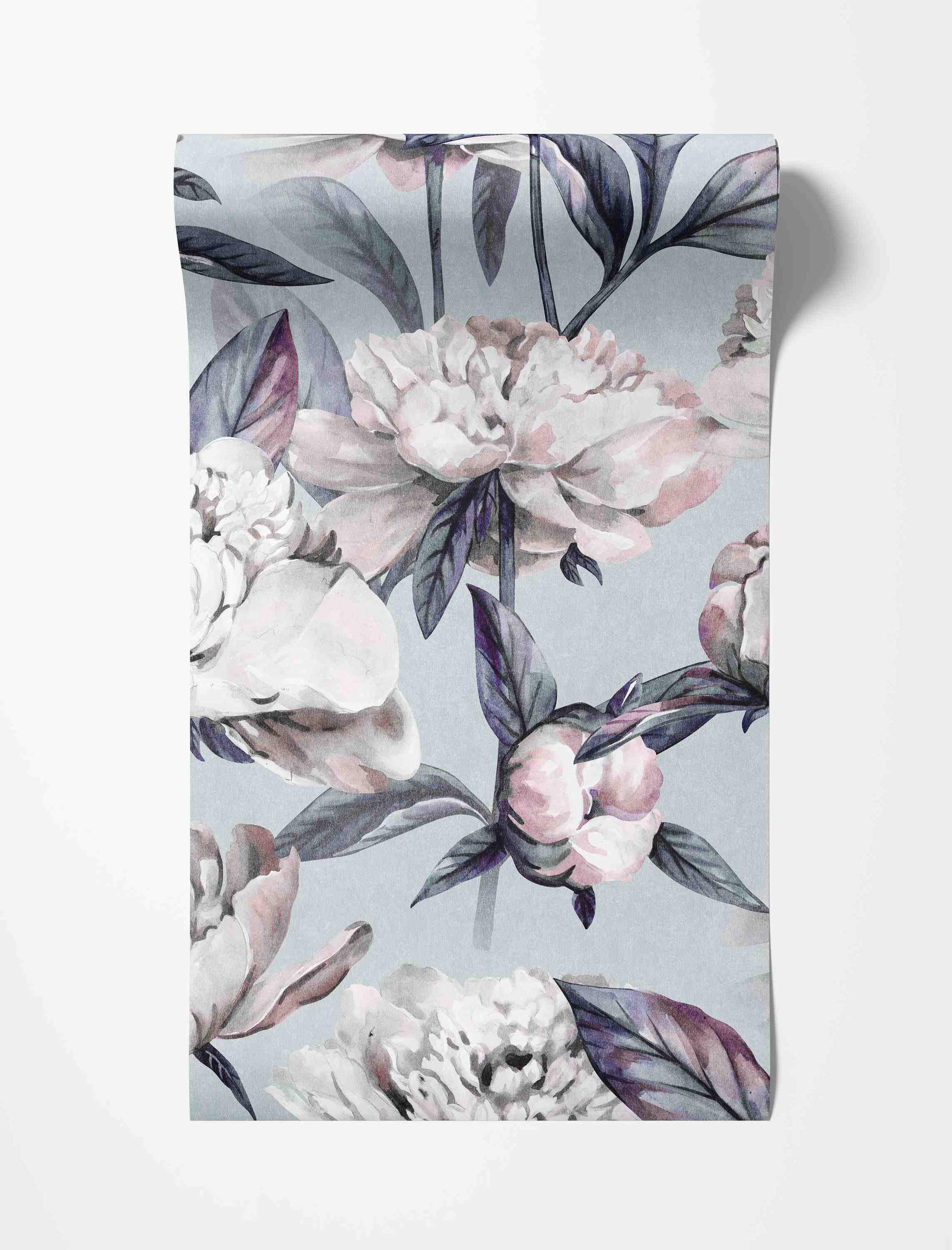 Wallpaper featuring large watercolor peonies in white and pink with dark purple and grey leaves on a pale blue-grey background.