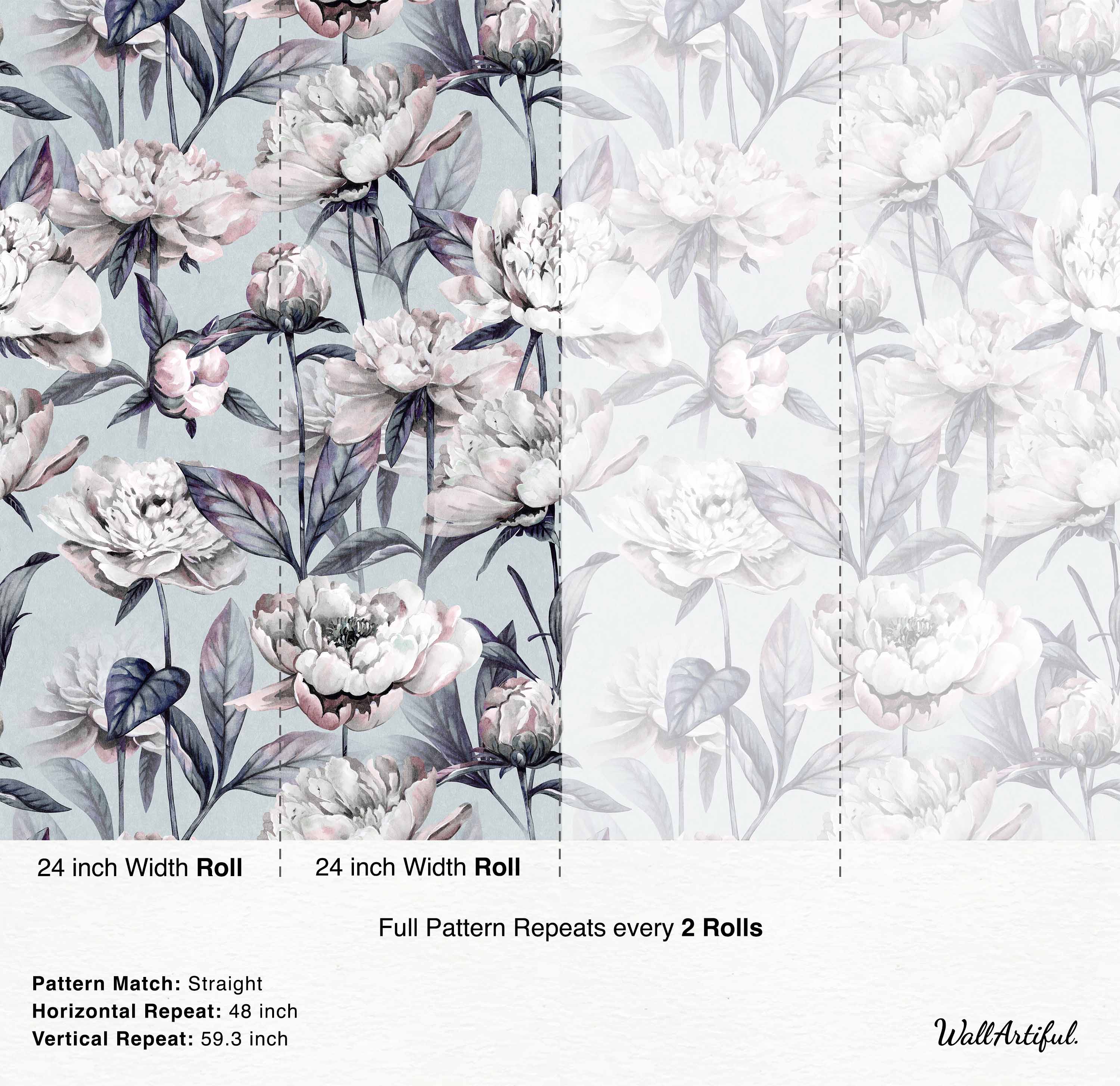 Watercolor wallpaper featuring large white and pink peonies with dark blue leaves on a light blue background.