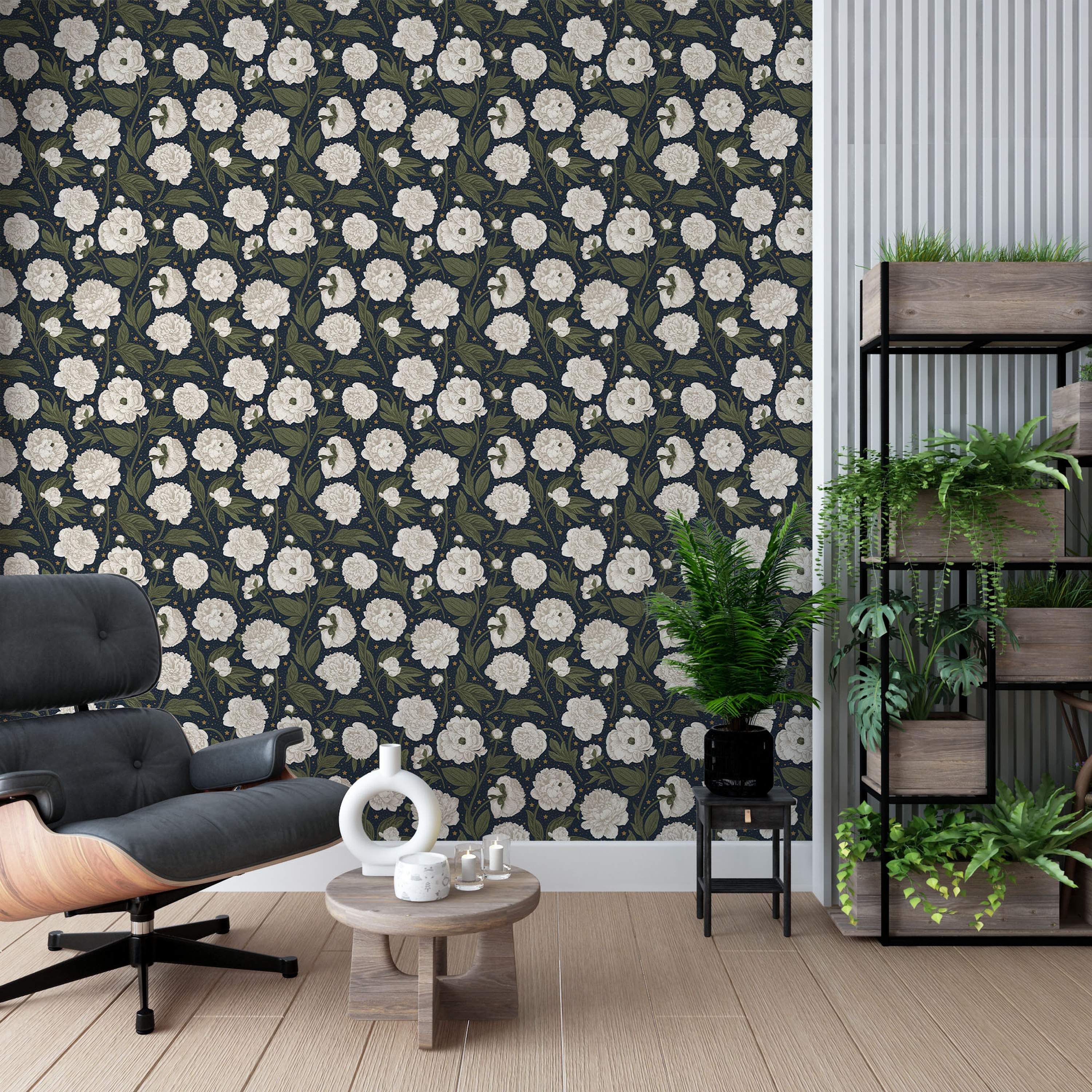 Wallpaper featuring a repeating pattern of detailed white peonies, green leaves, and tiny gold stars on a dark navy background.