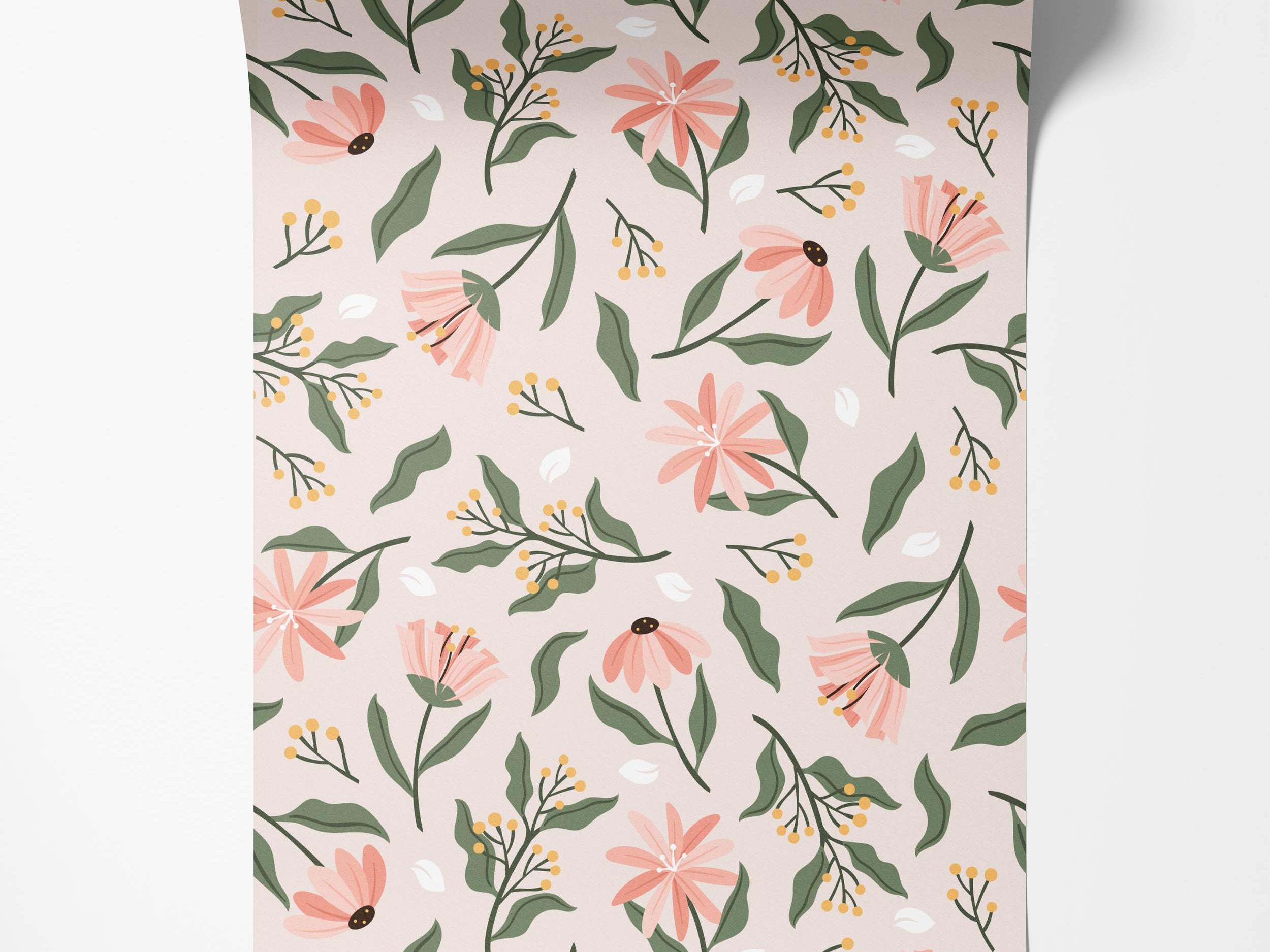 Illustrated floral wallpaper with pink flowers, green leaves, and yellow berries scattered across a light beige background.