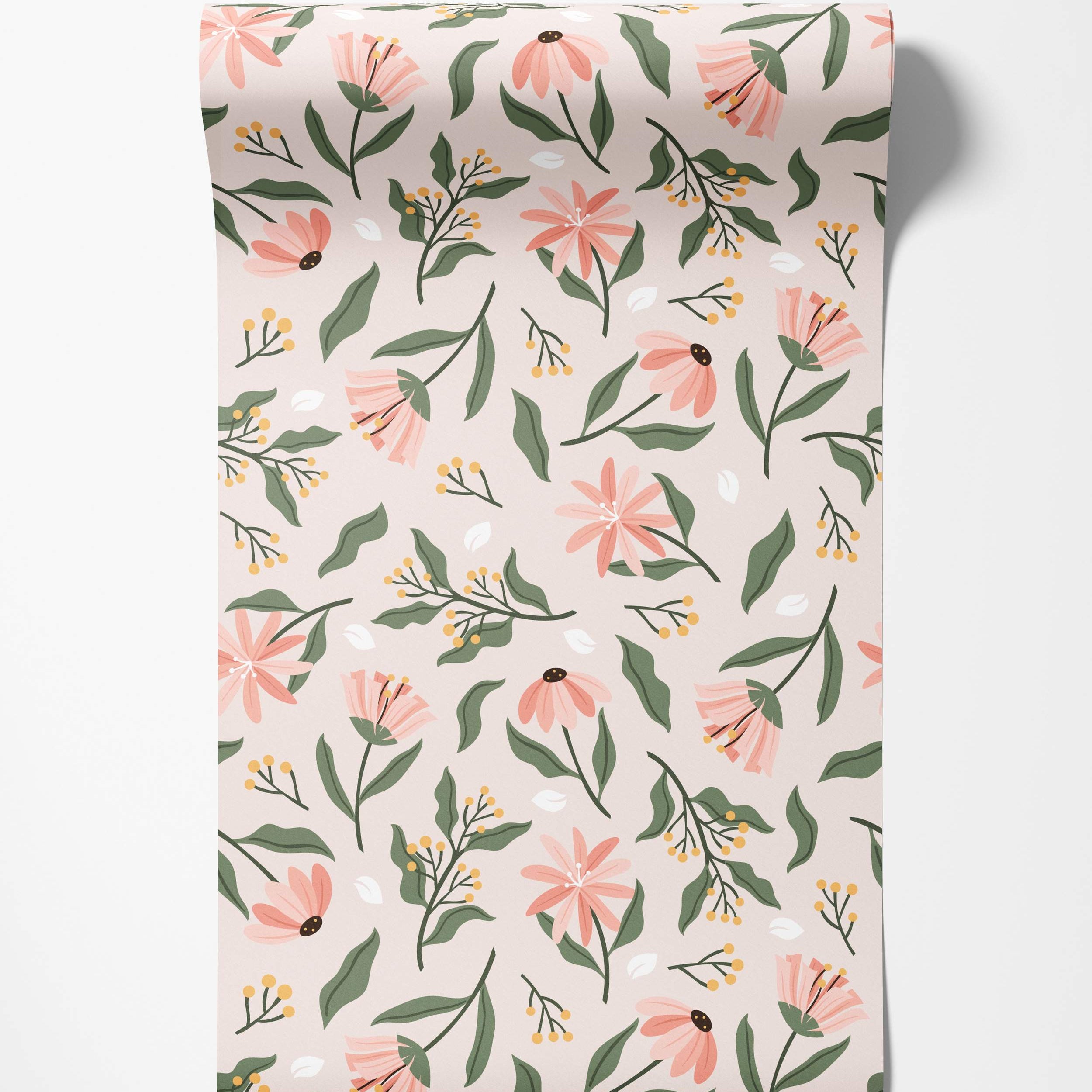 Illustrated floral wallpaper with pink flowers, green leaves, and yellow berries scattered across a light beige background.