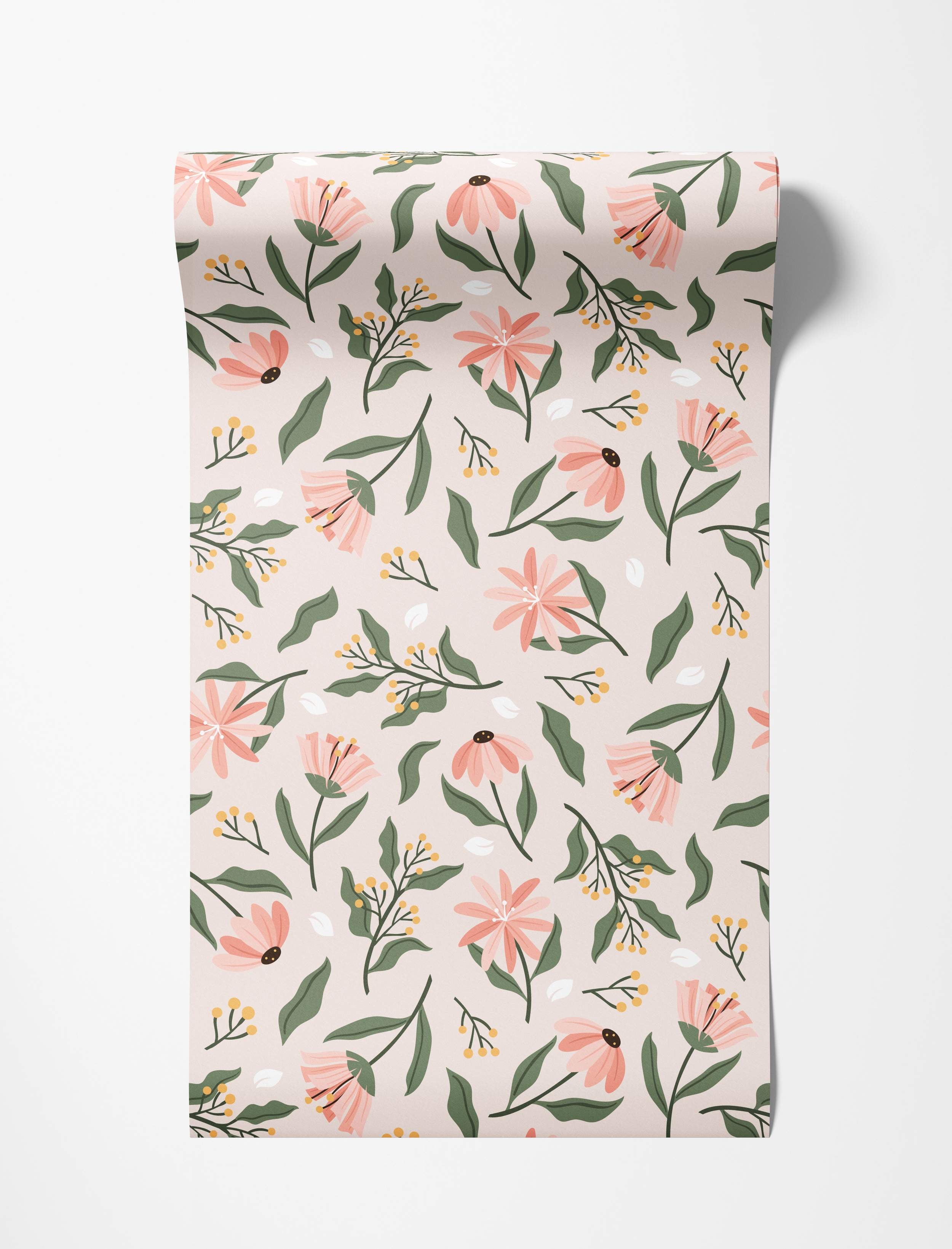 Illustrated floral wallpaper with pink flowers, green leaves, and yellow berries scattered across a light beige background.