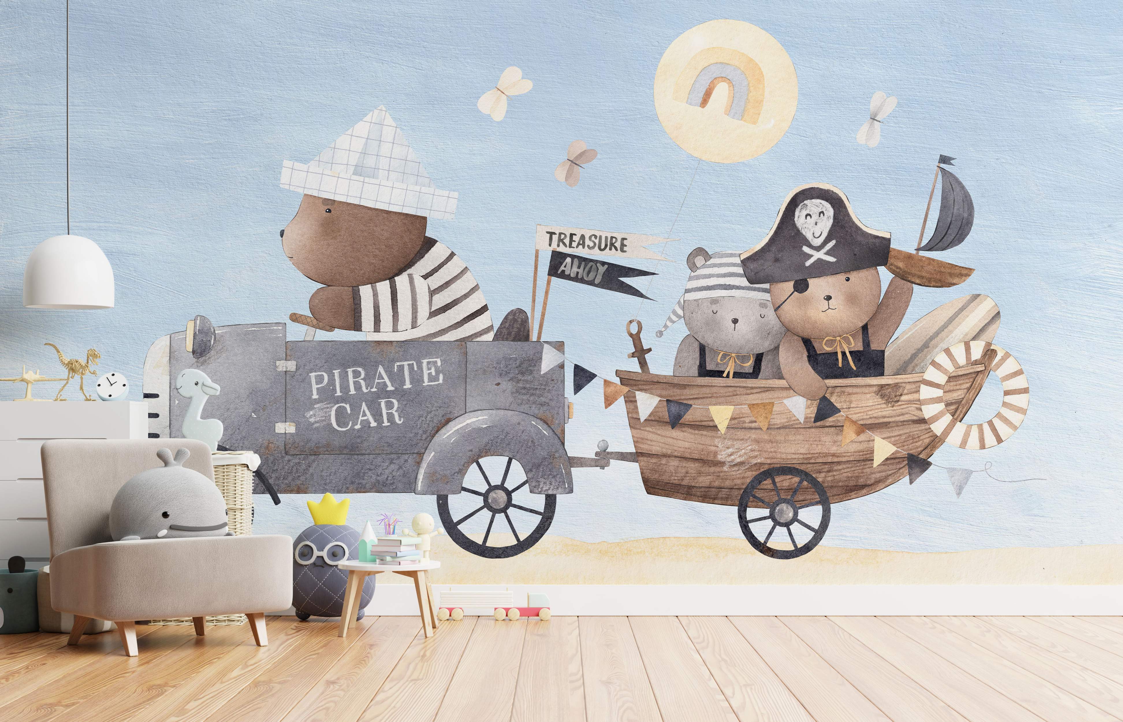 Watercolor style children's mural featuring pirate bears in a gray car pulling a wooden boat trailer against a light blue sky with a sun.