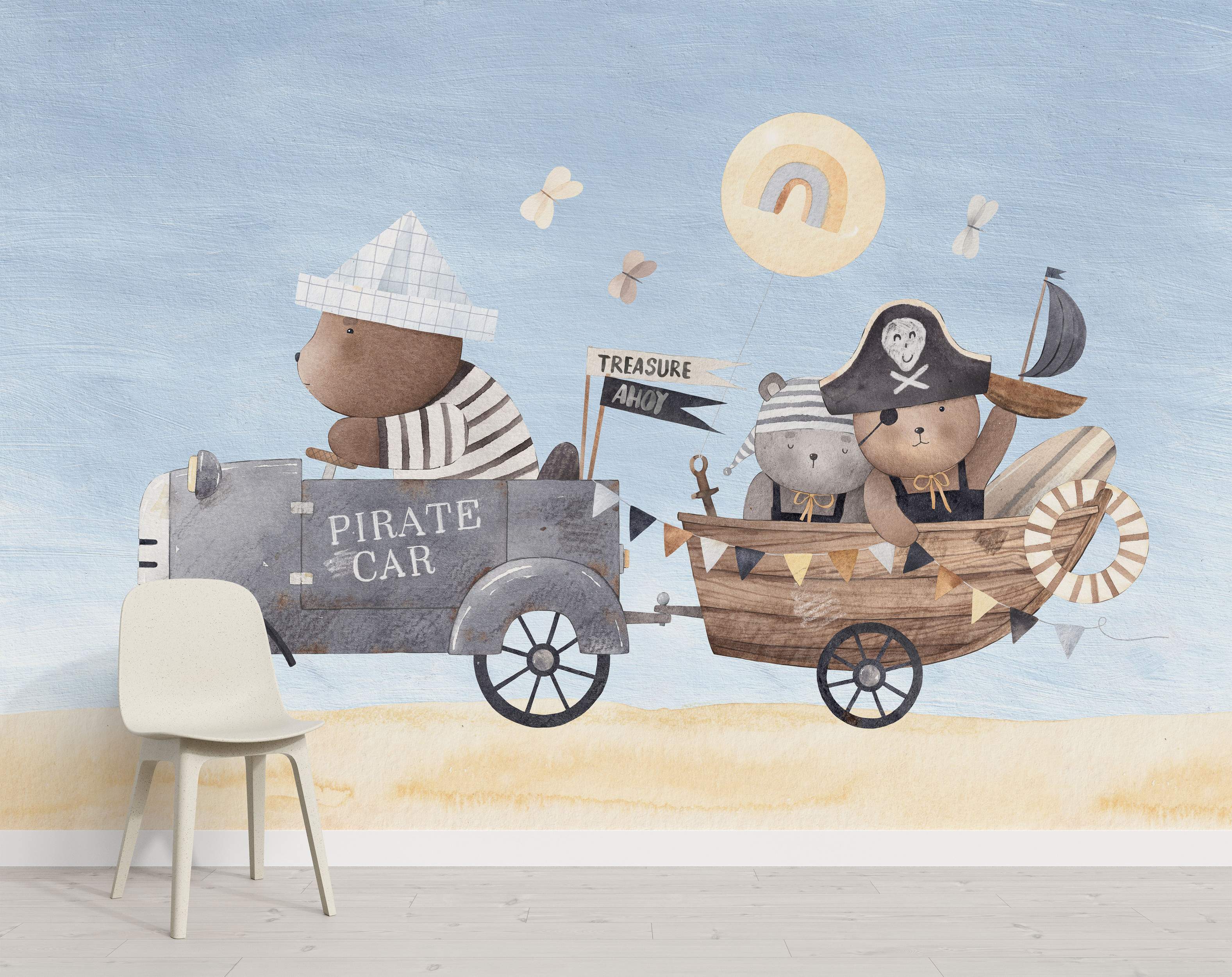 Mural featuring watercolor pirate teddy bears driving a gray car and pulling a wooden boat trailer on a beach under a blue sky.