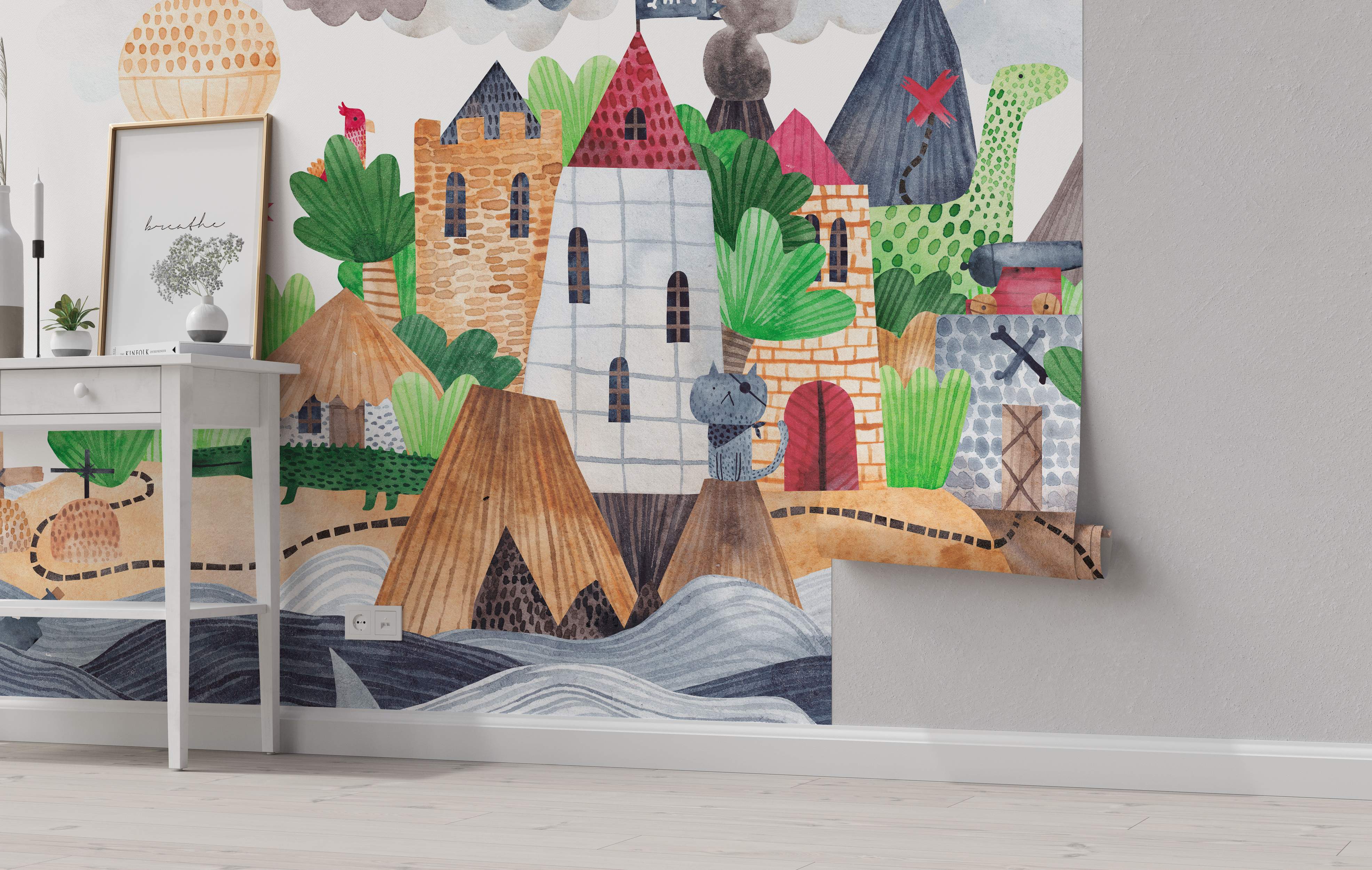 A watercolor mural depicting a whimsical pirate island scene with castles, mountains, trees, a pirate cat, and waves.