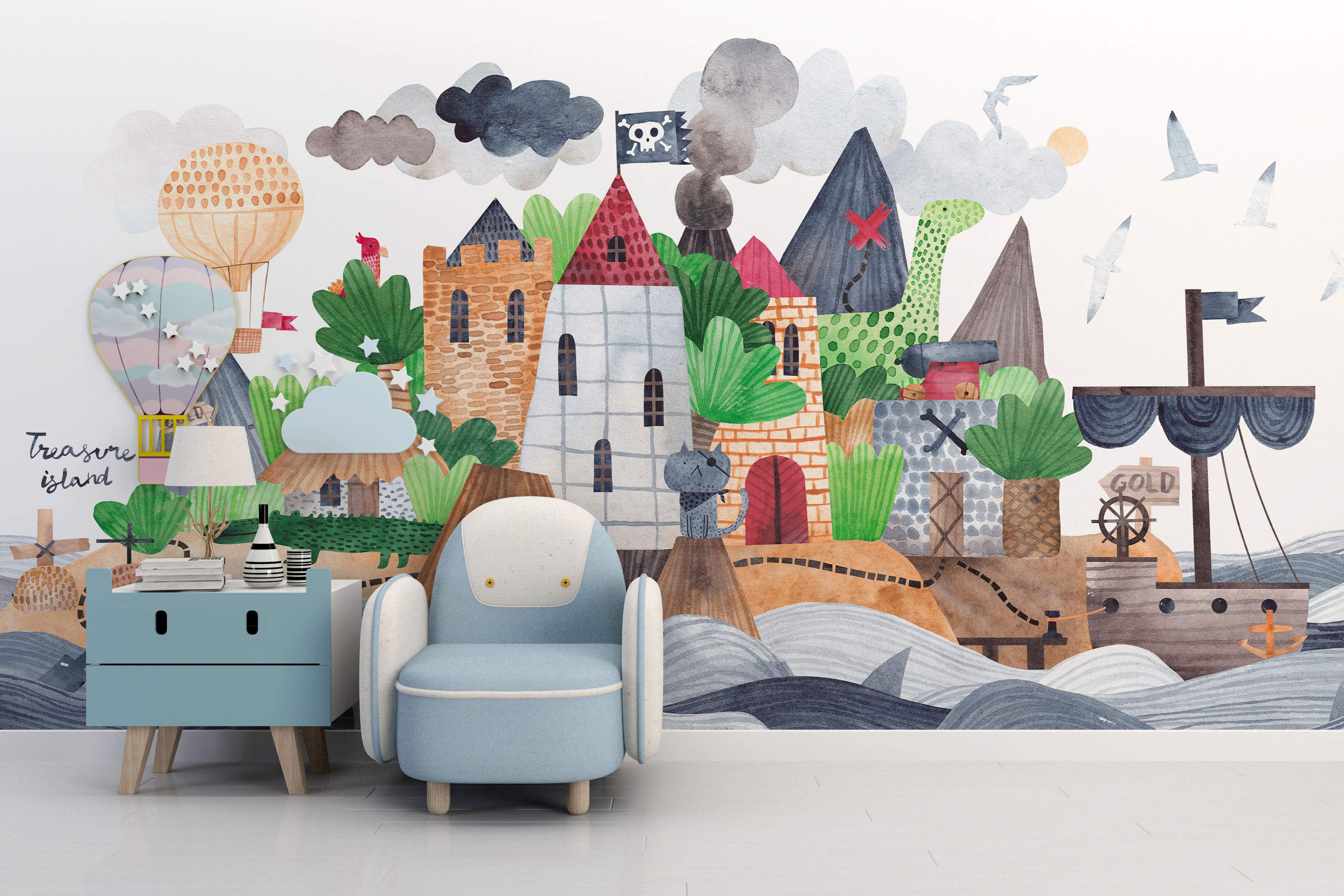 Watercolor treasure island mural featuring castles, a pirate ship, mountains, and hot air balloons in blues, grays, and browns.