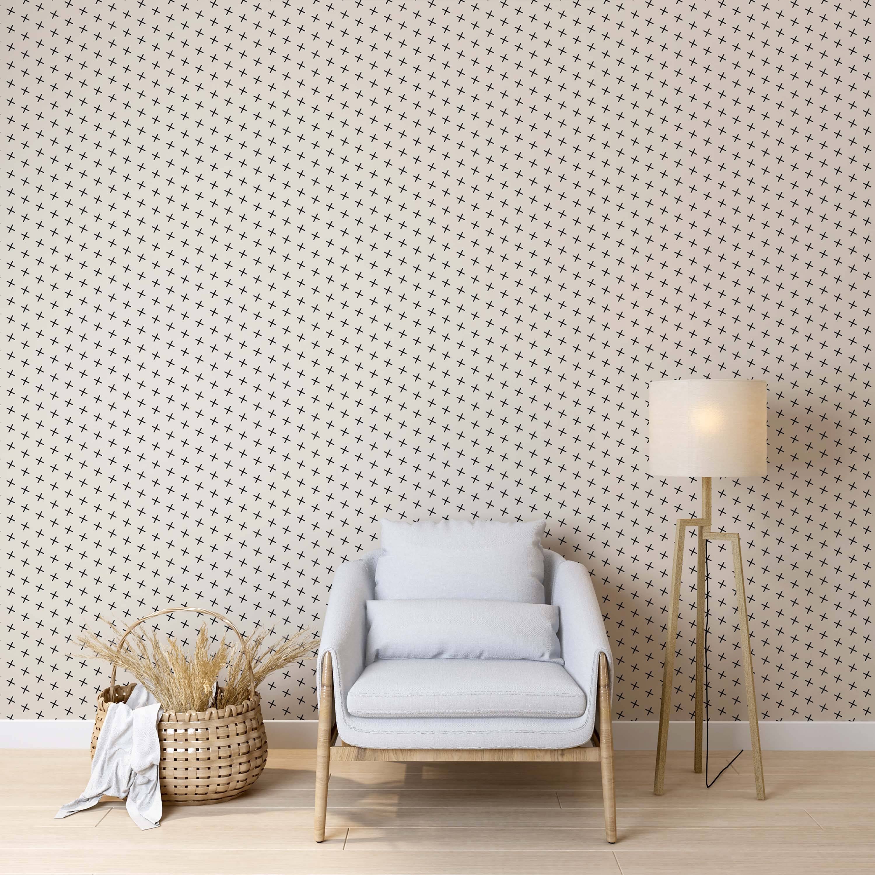 Wallpaper featuring small black plus signs arranged in a diagonal grid pattern on a light cream background.