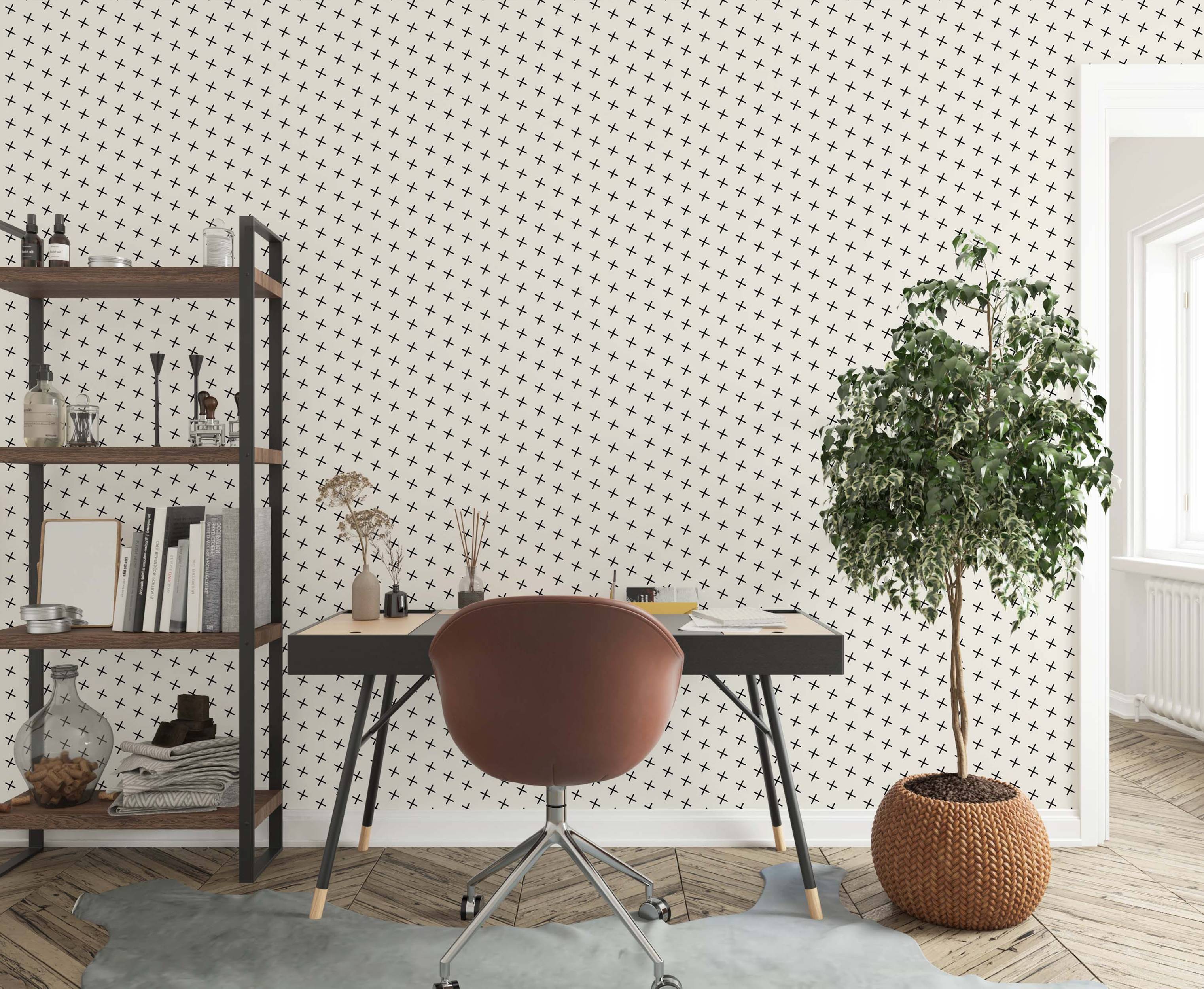 Wallpaper with a repeating pattern of small black plus signs arranged diagonally on a light cream background.