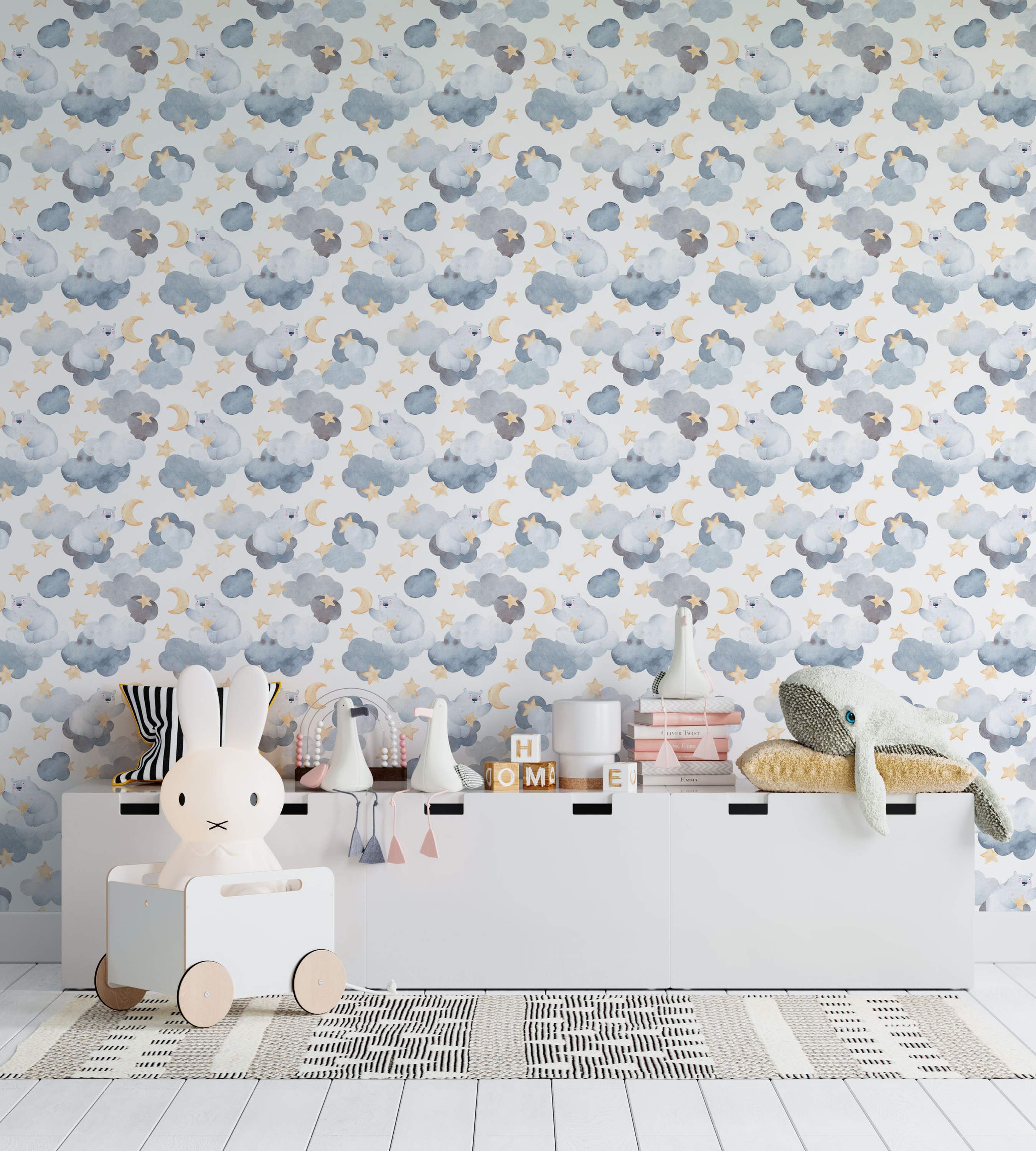 Watercolor wallpaper featuring cute polar bears on blue and gray clouds, reaching for yellow stars and moons on a white background.