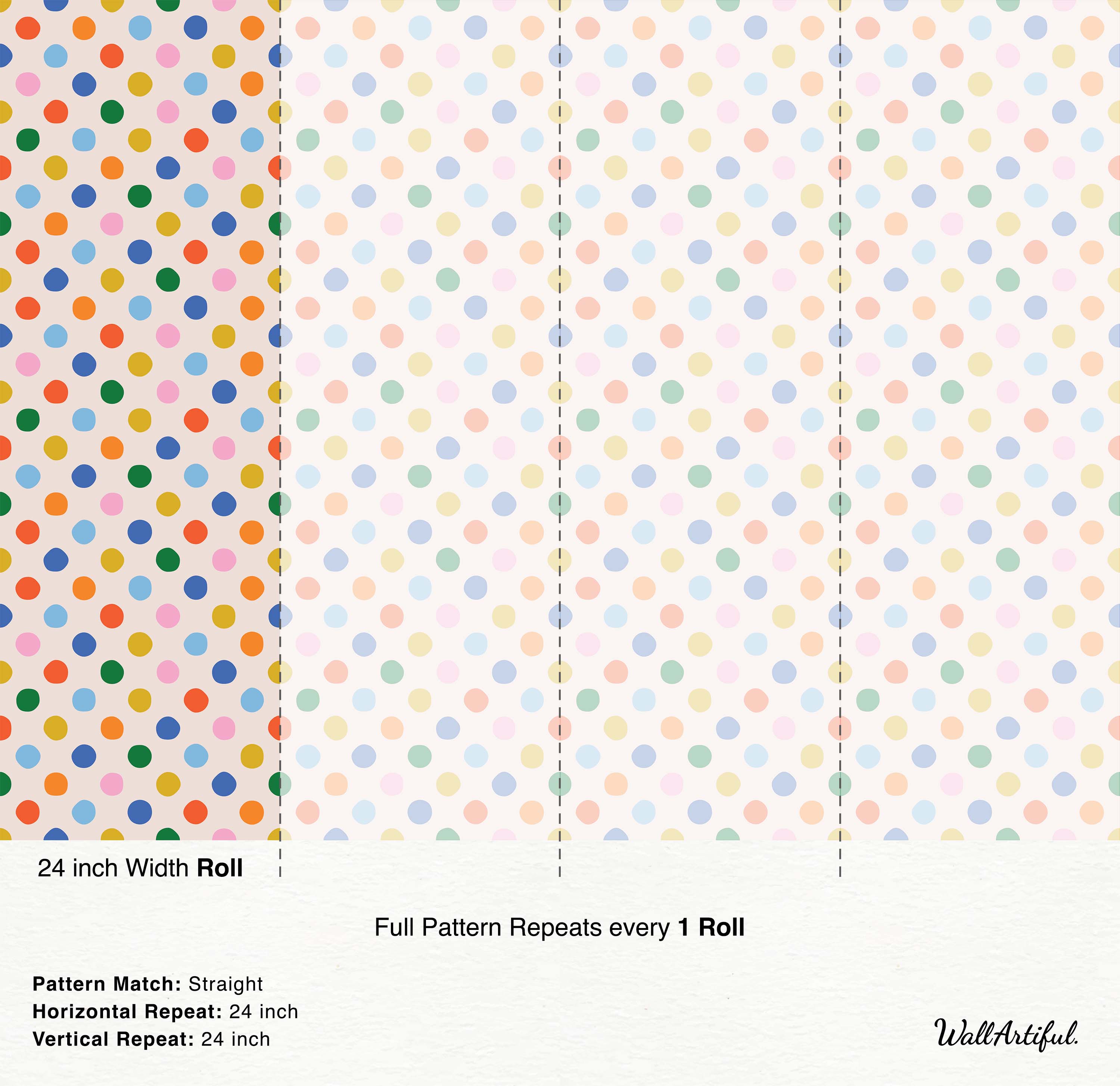 Wallpaper featuring a pattern of multi-colored polka dots, shown in both bright and pastel variations, on a light background.