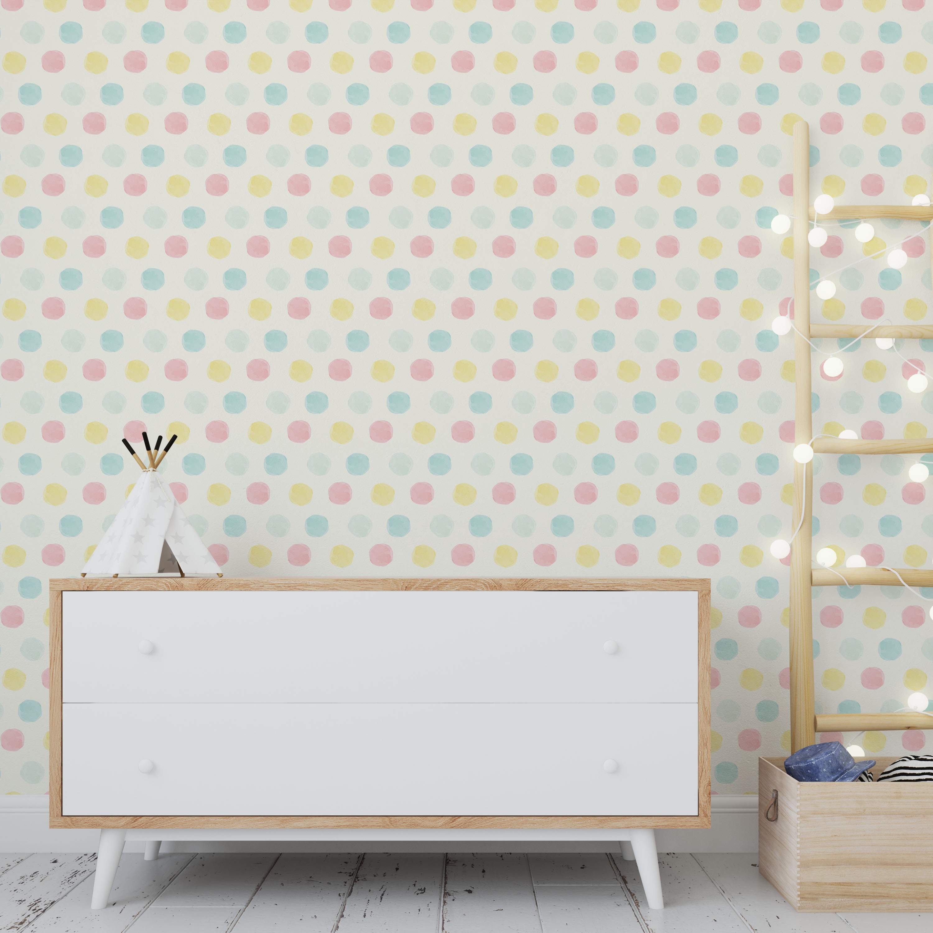 Wallpaper featuring a repeating pattern of pastel blue, pink, and yellow watercolor-style polka dots on an off-white background.