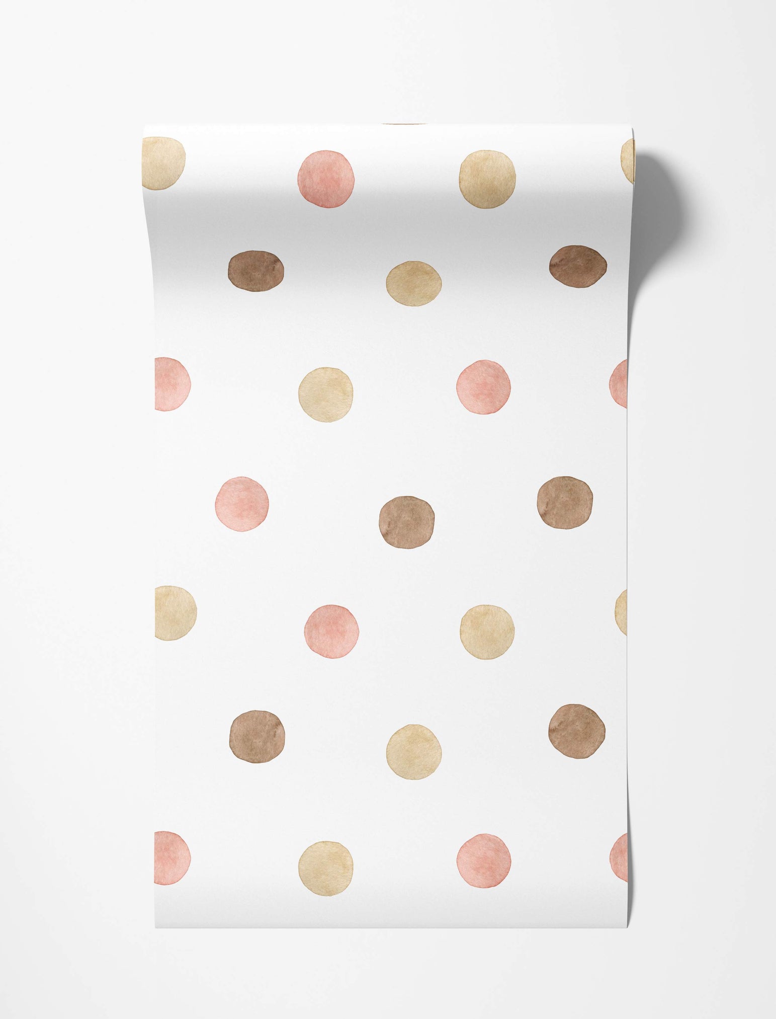 Watercolor polka dot wallpaper with pink, beige, and brown dots scattered across a white background.