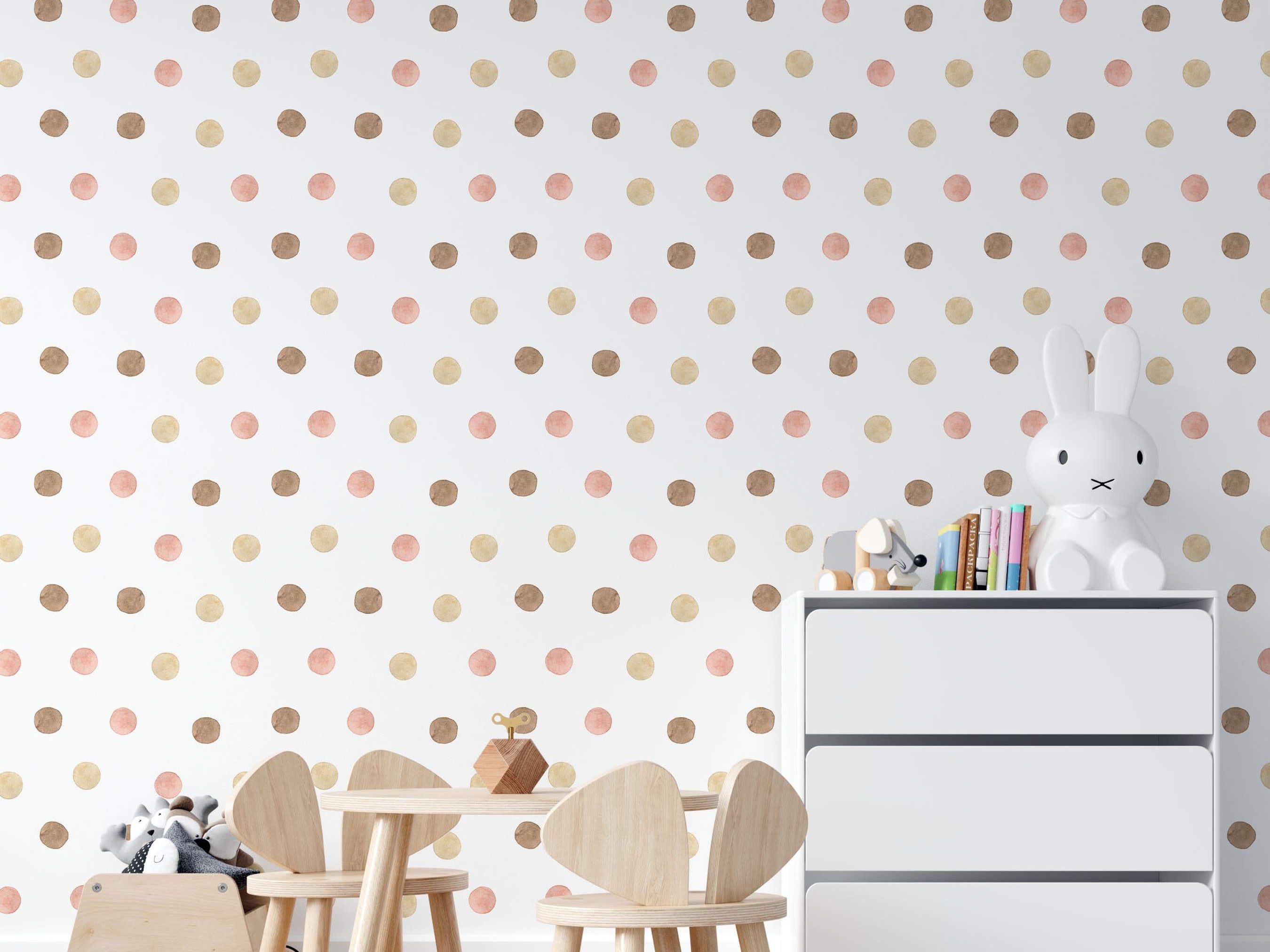 Wallpaper featuring a repeating grid pattern of watercolor-style polka dots in pink, beige, and brown on a white background.