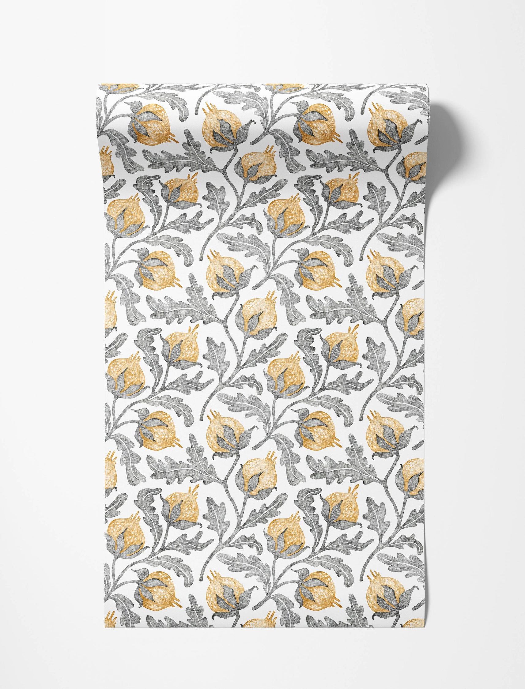 A botanical wallpaper with a hand-drawn pattern of yellow pomegranates and gray leaves on a white background.