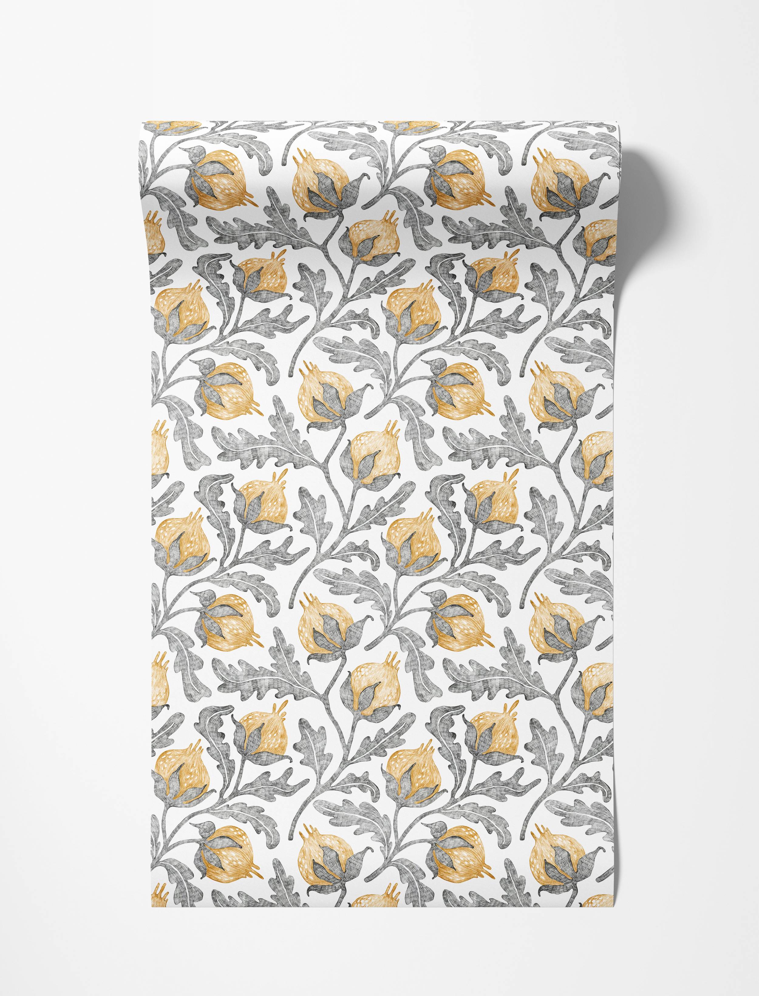 A botanical wallpaper with a hand-drawn pattern of yellow pomegranates and gray leaves on a white background.