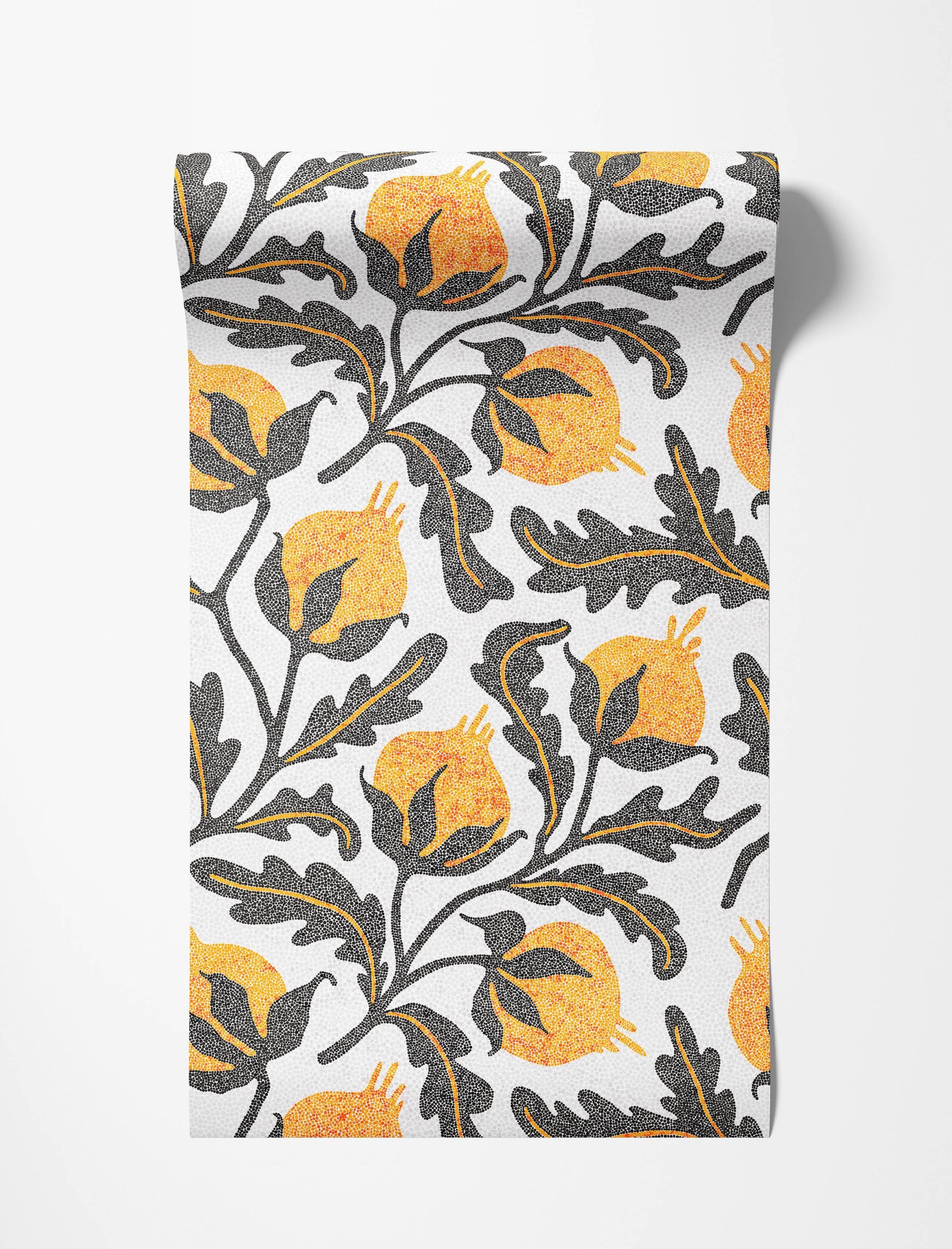 A botanical wallpaper with a pointillist-style design of black vines and leaves with yellow and orange pomegranates.
