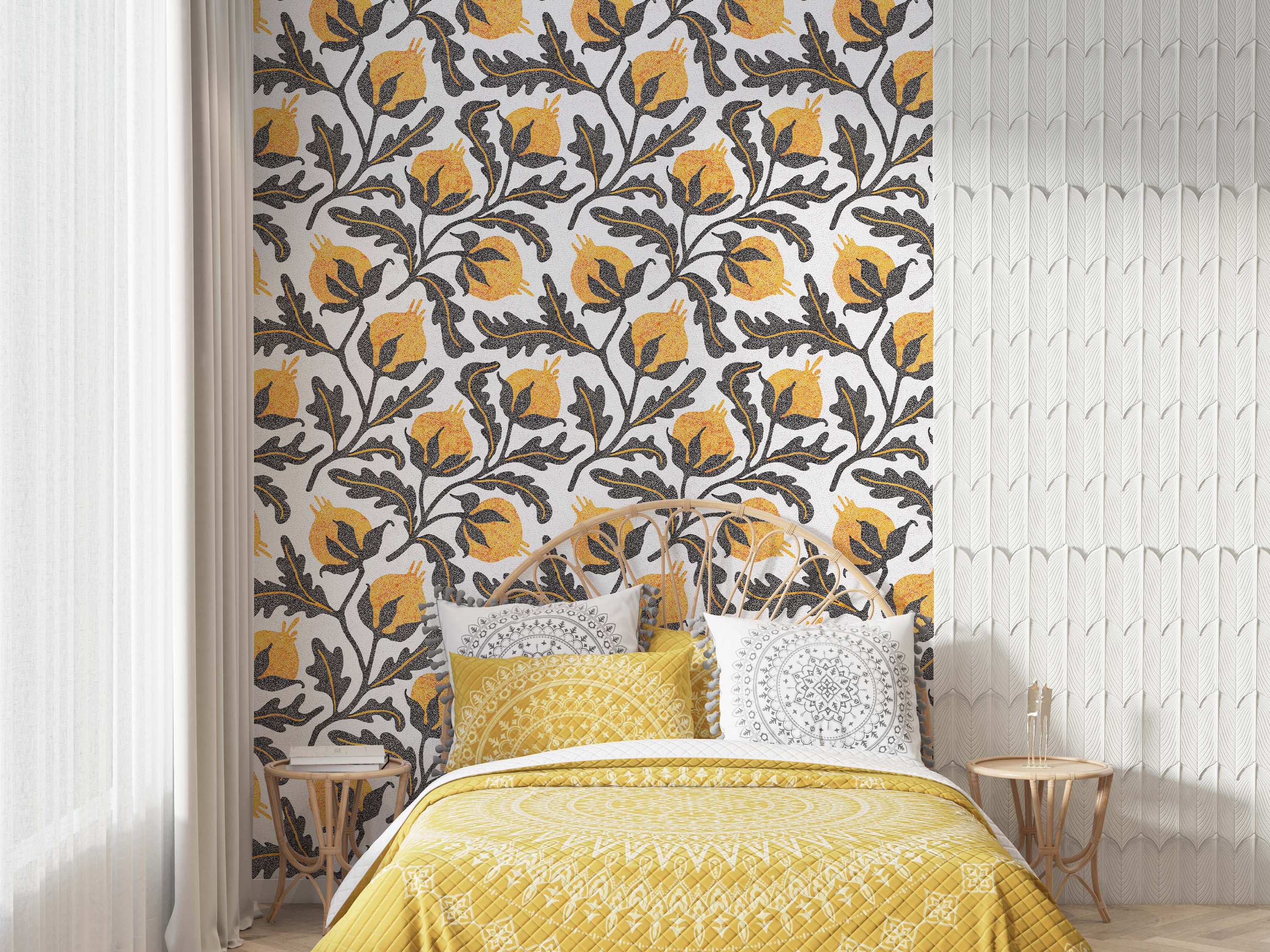 A bold wallpaper featuring a repeating pattern of yellow pomegranates and black leaves with a stippled texture on a white background.