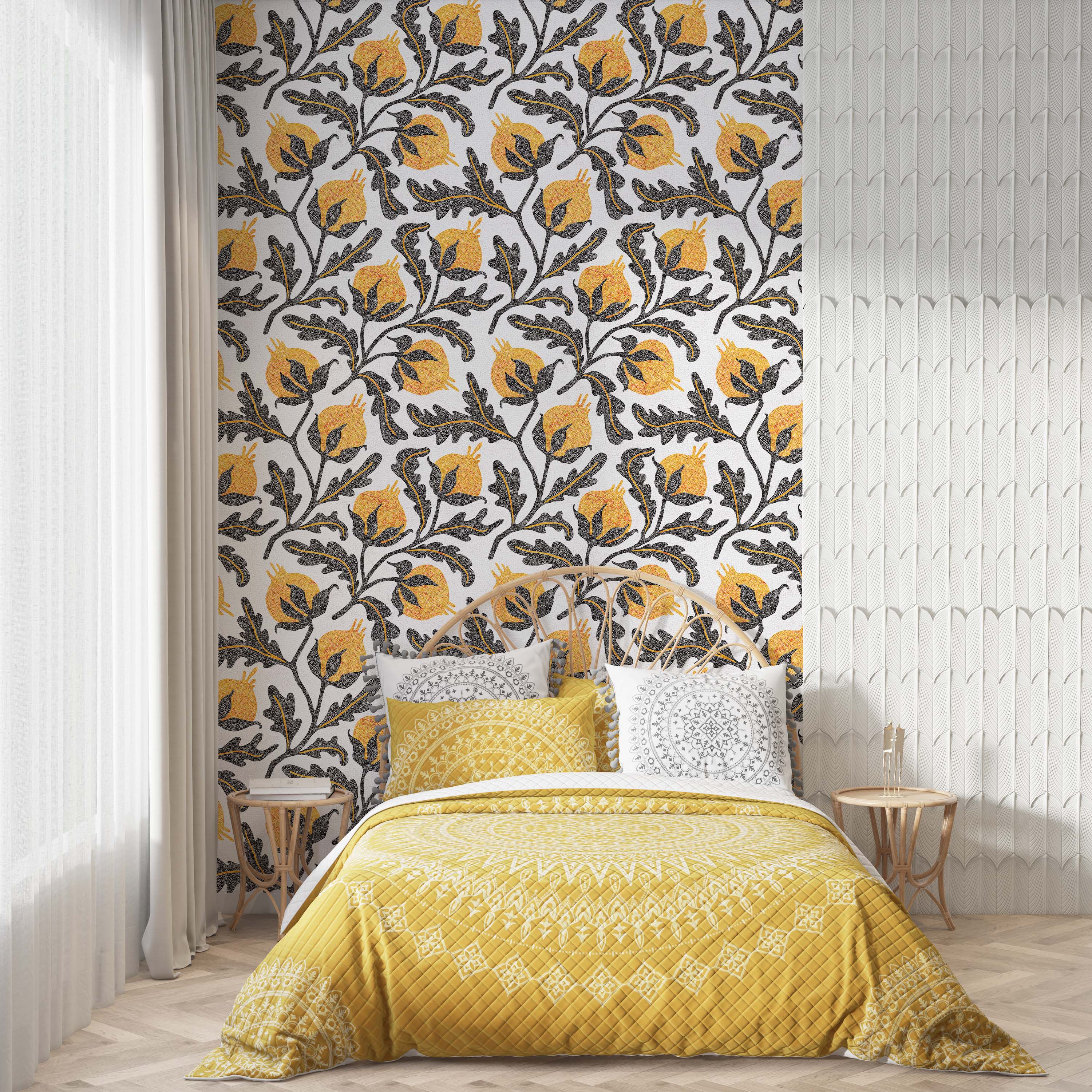 A bold wallpaper featuring a repeating pattern of yellow pomegranates and black leaves with a stippled texture on a white background.