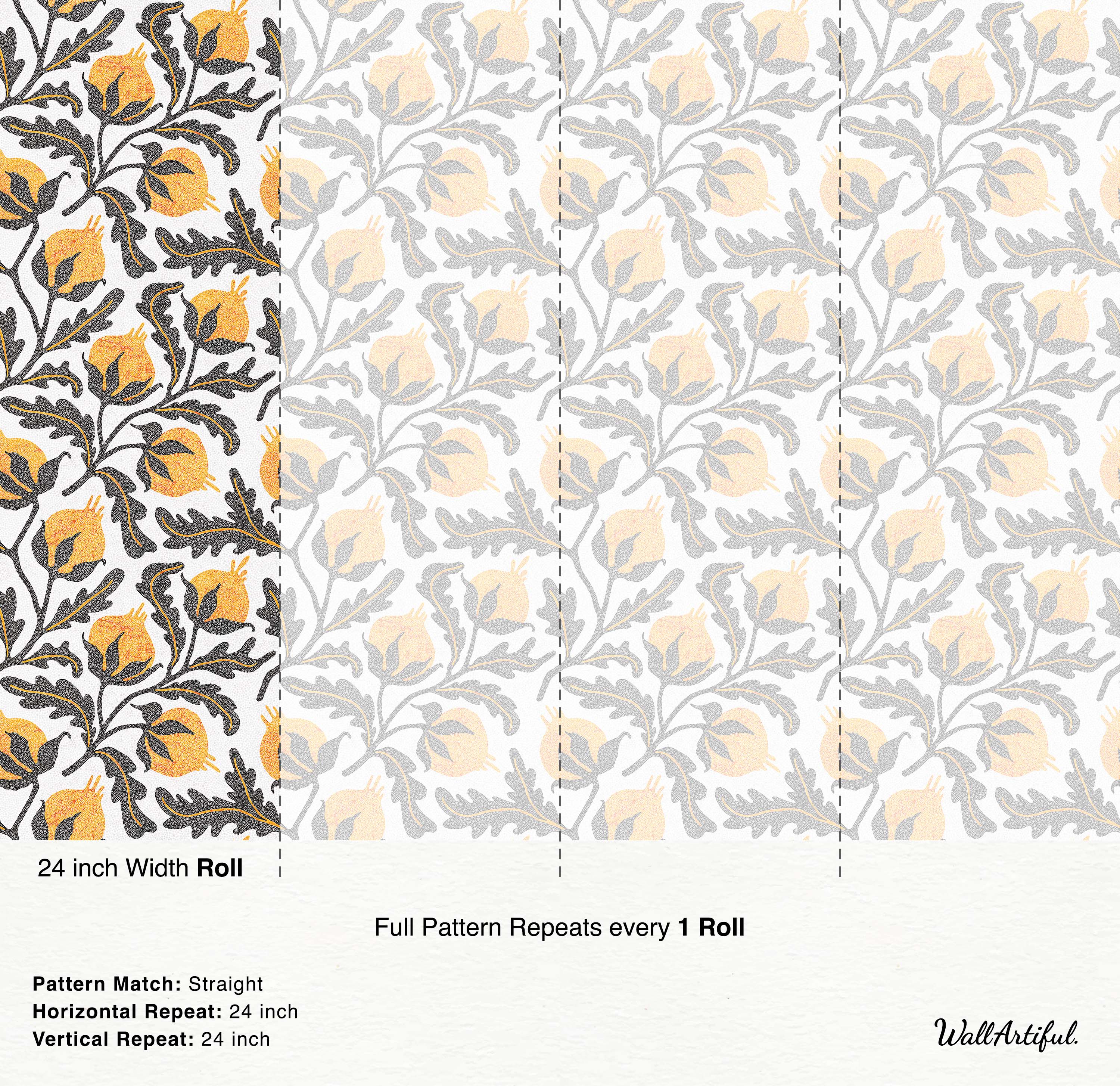 A stippled wallpaper with a pattern of yellow pomegranates and dark gray leaves on winding vines over a white background.