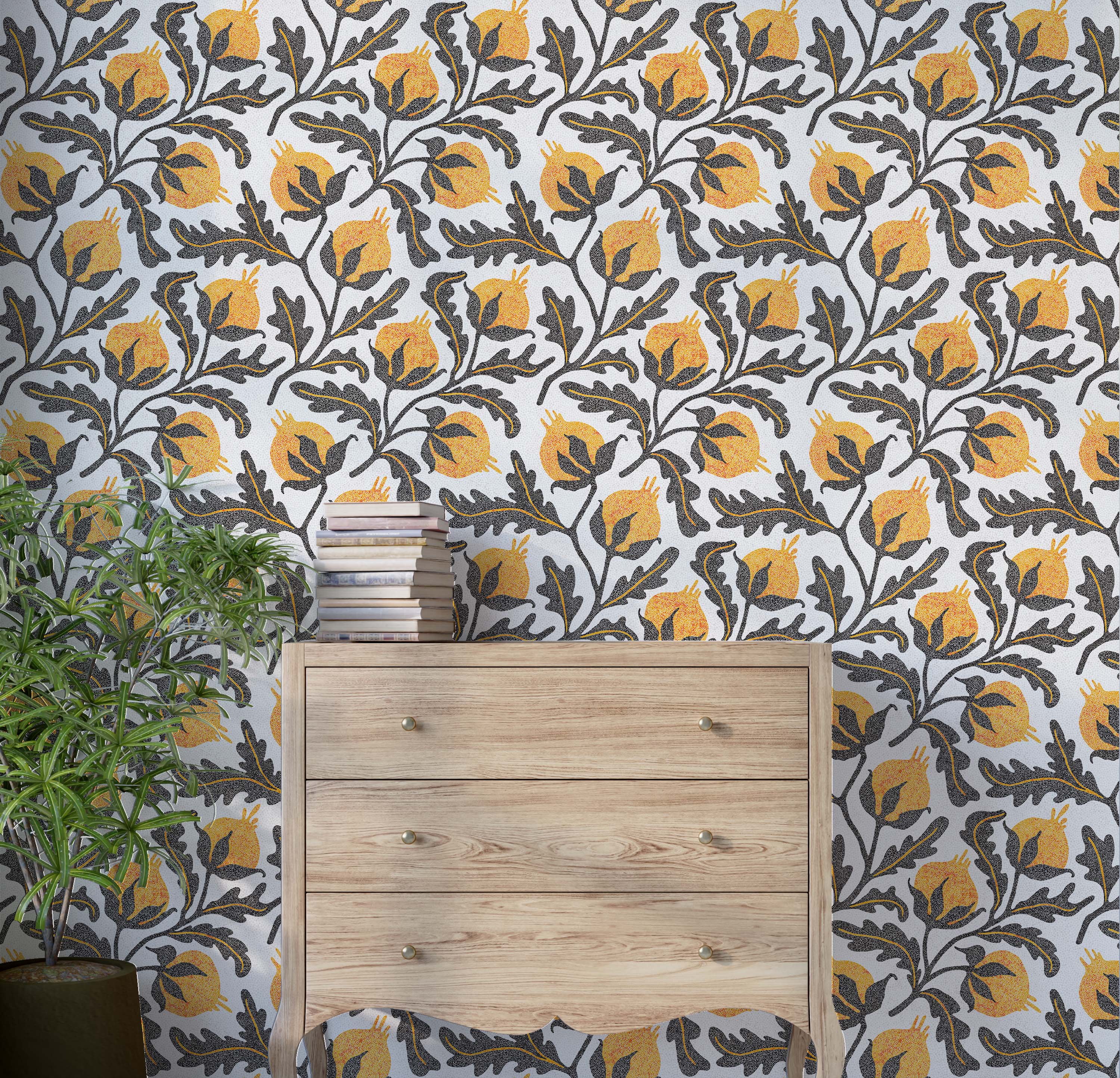 A wallpaper with a stylized pomegranate pattern in yellow and dark gray, featuring a stippled texture on a white background.