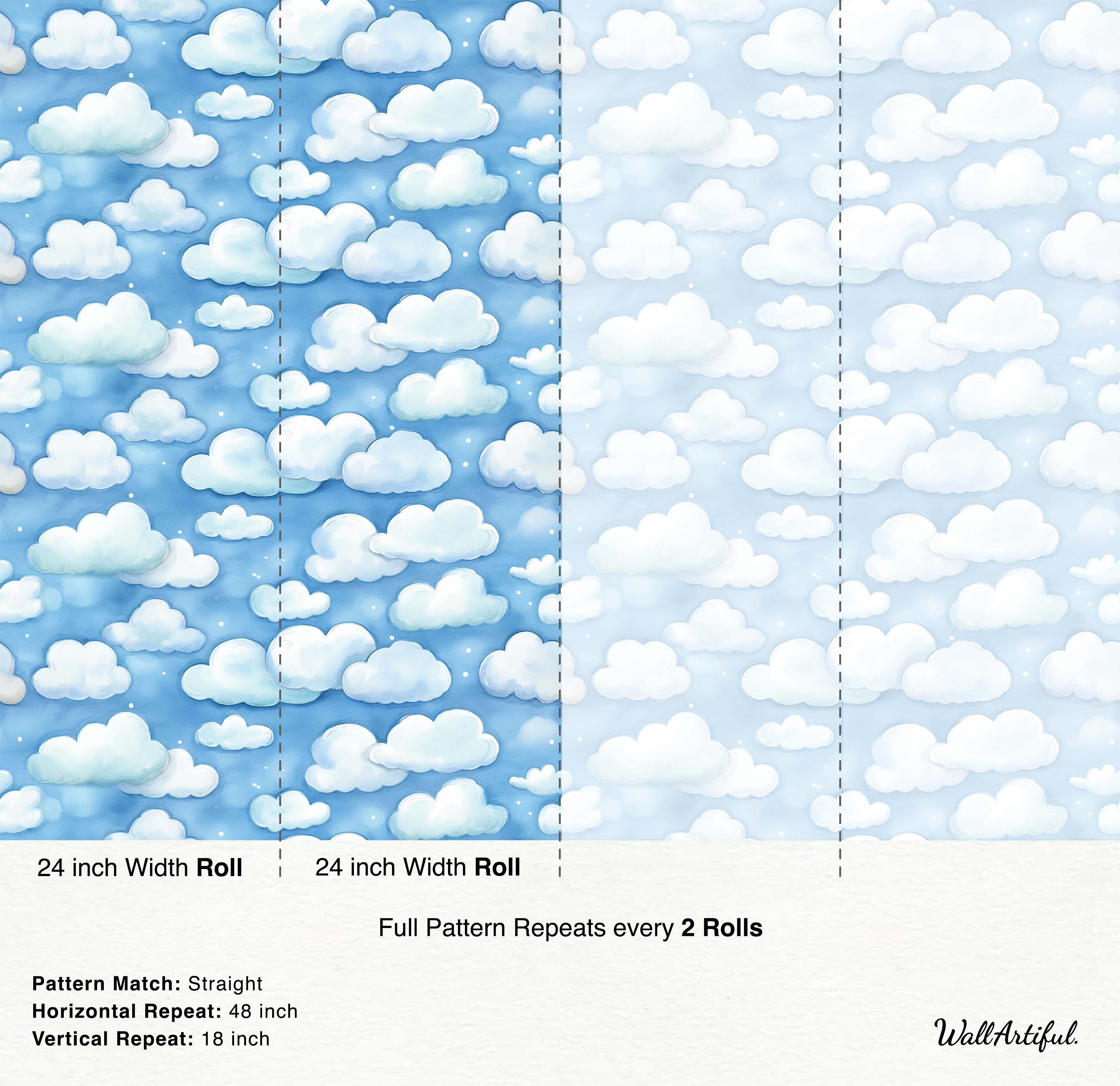 Watercolor wallpaper featuring repeating fluffy white clouds on a gradient blue sky background with subtle white dots.