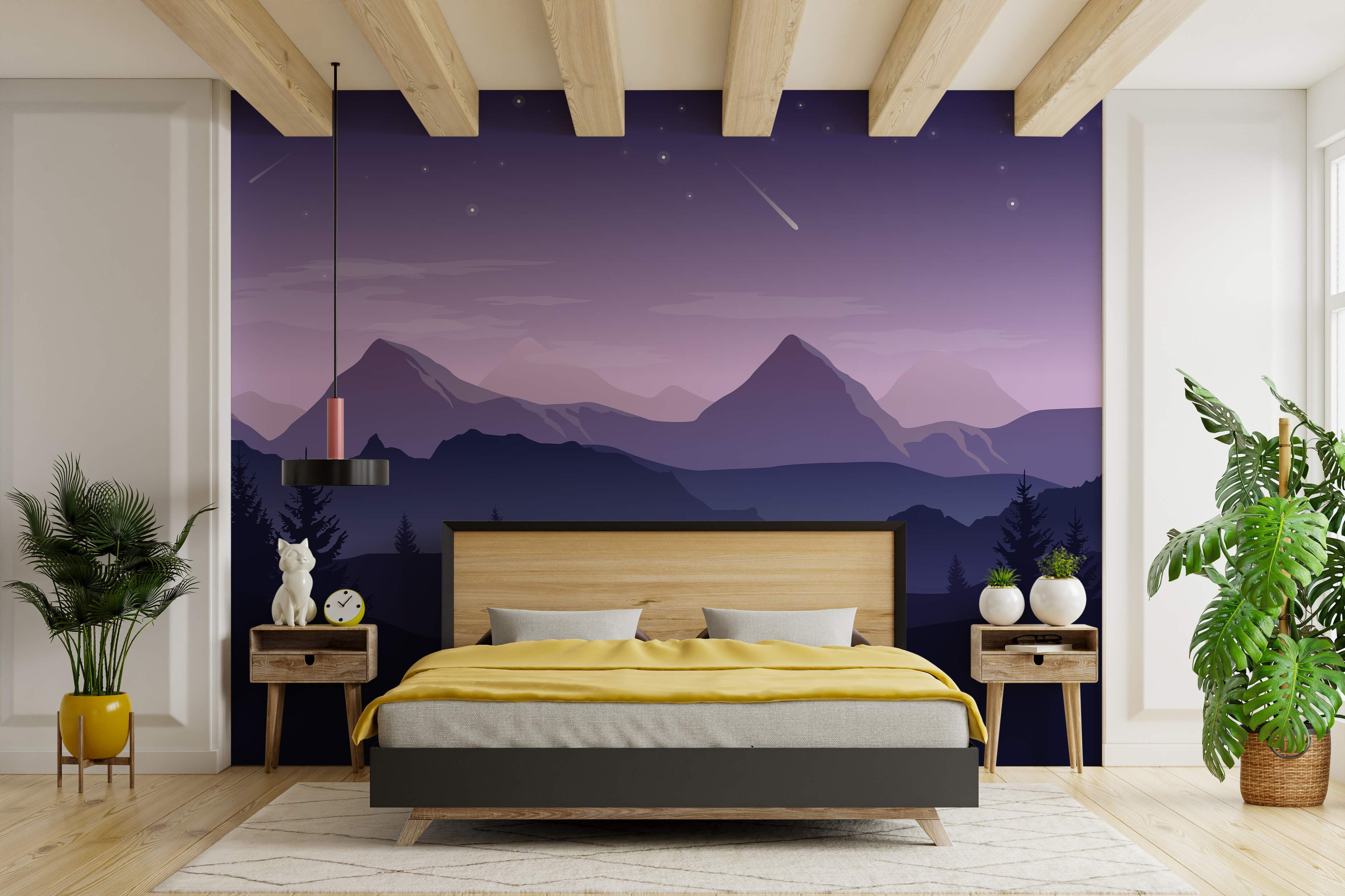 Purple mountain landscape mural with stars and trees.