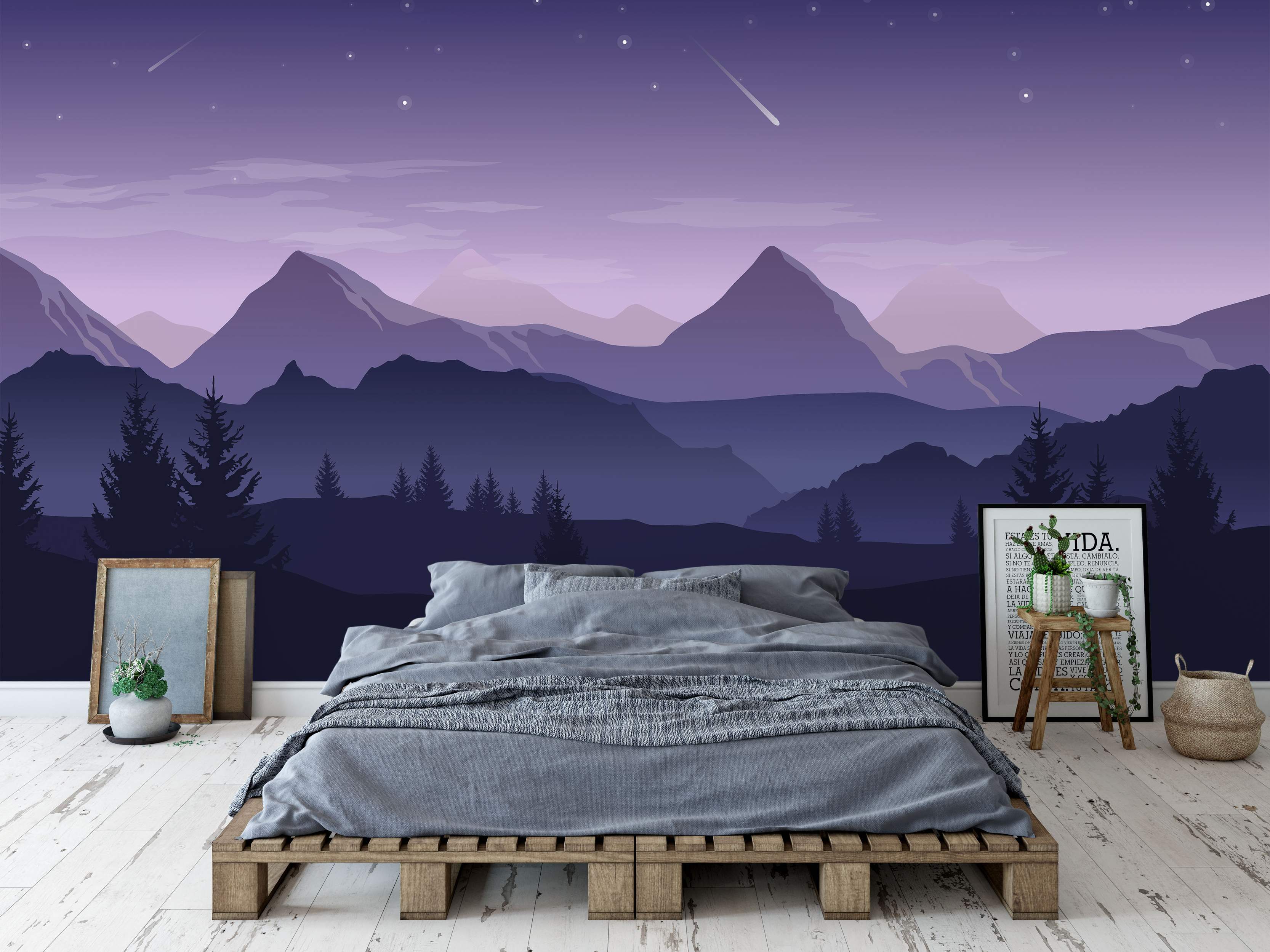 Purple and blue mountain landscape at night mural