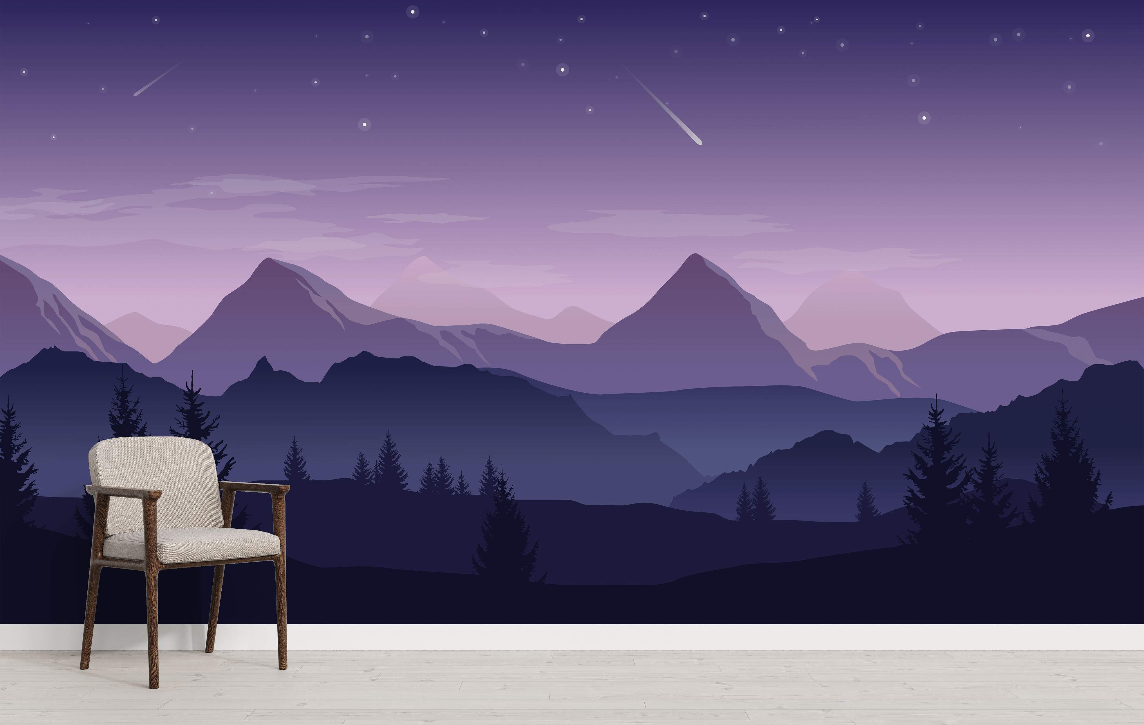 Purple mountain landscape mural with night sky and stars