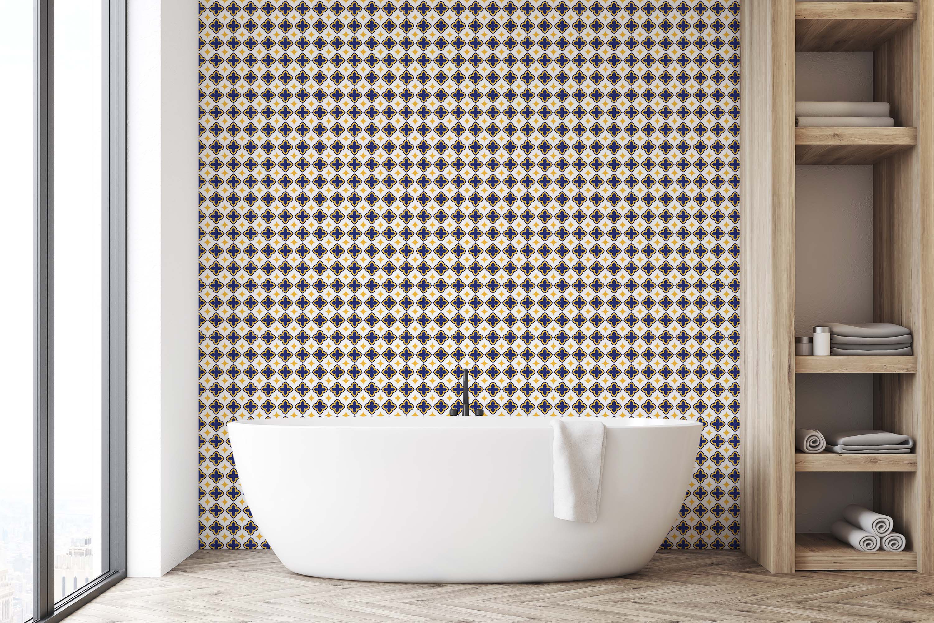 A repeating tile pattern wallpaper with blue quatrefoils outlined in yellow, creating yellow stars on a white background.