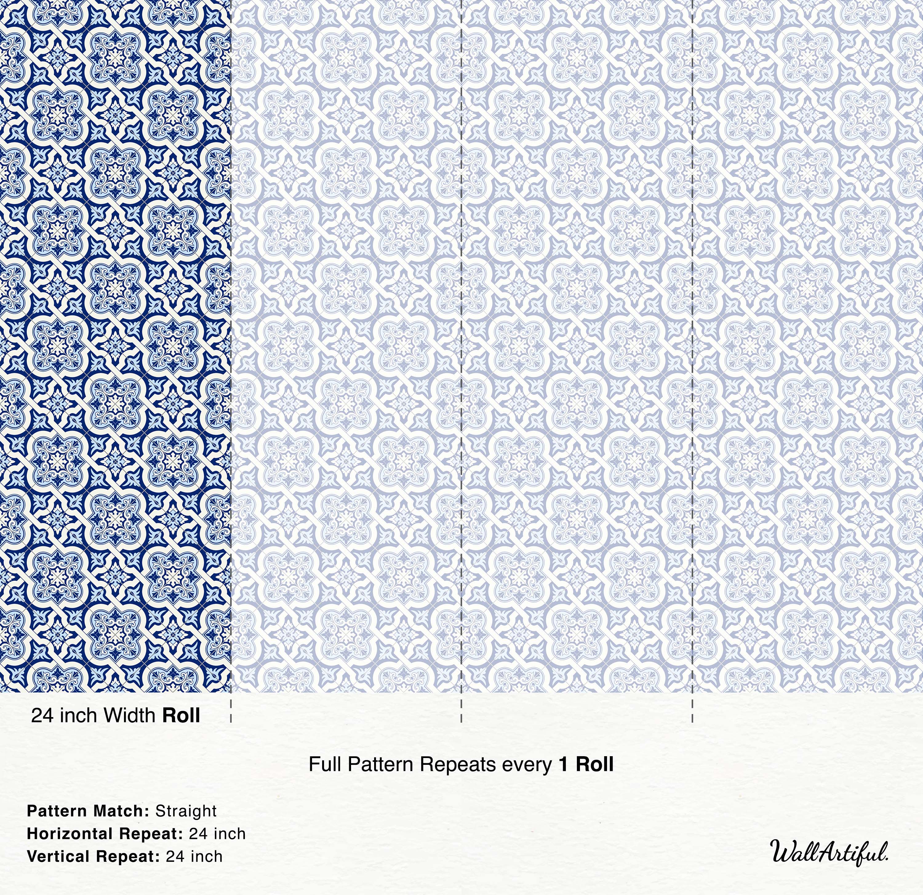Ornate blue and white wallpaper with a repeating quatrefoil tile pattern and intricate symmetrical details.