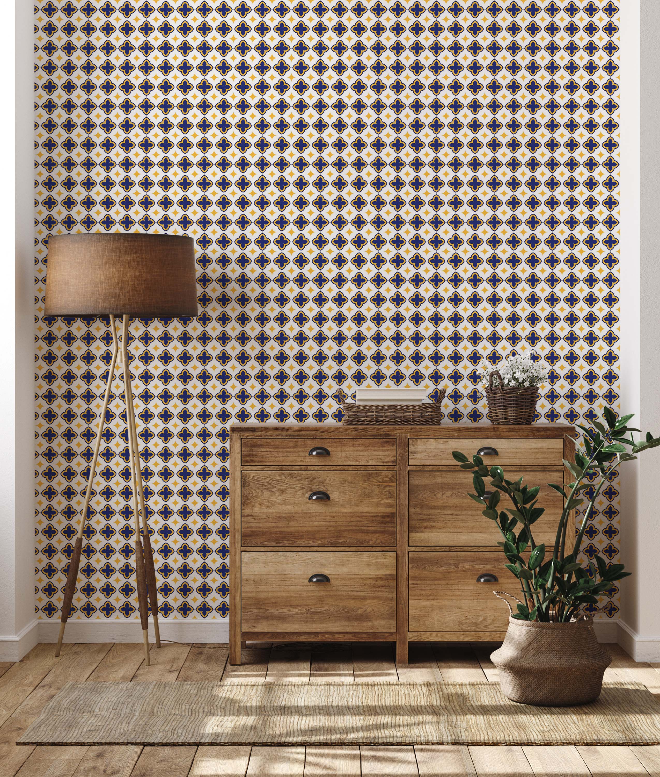 Wallpaper with a repeating geometric tile pattern of blue quatrefoils and yellow diamonds on a white background.