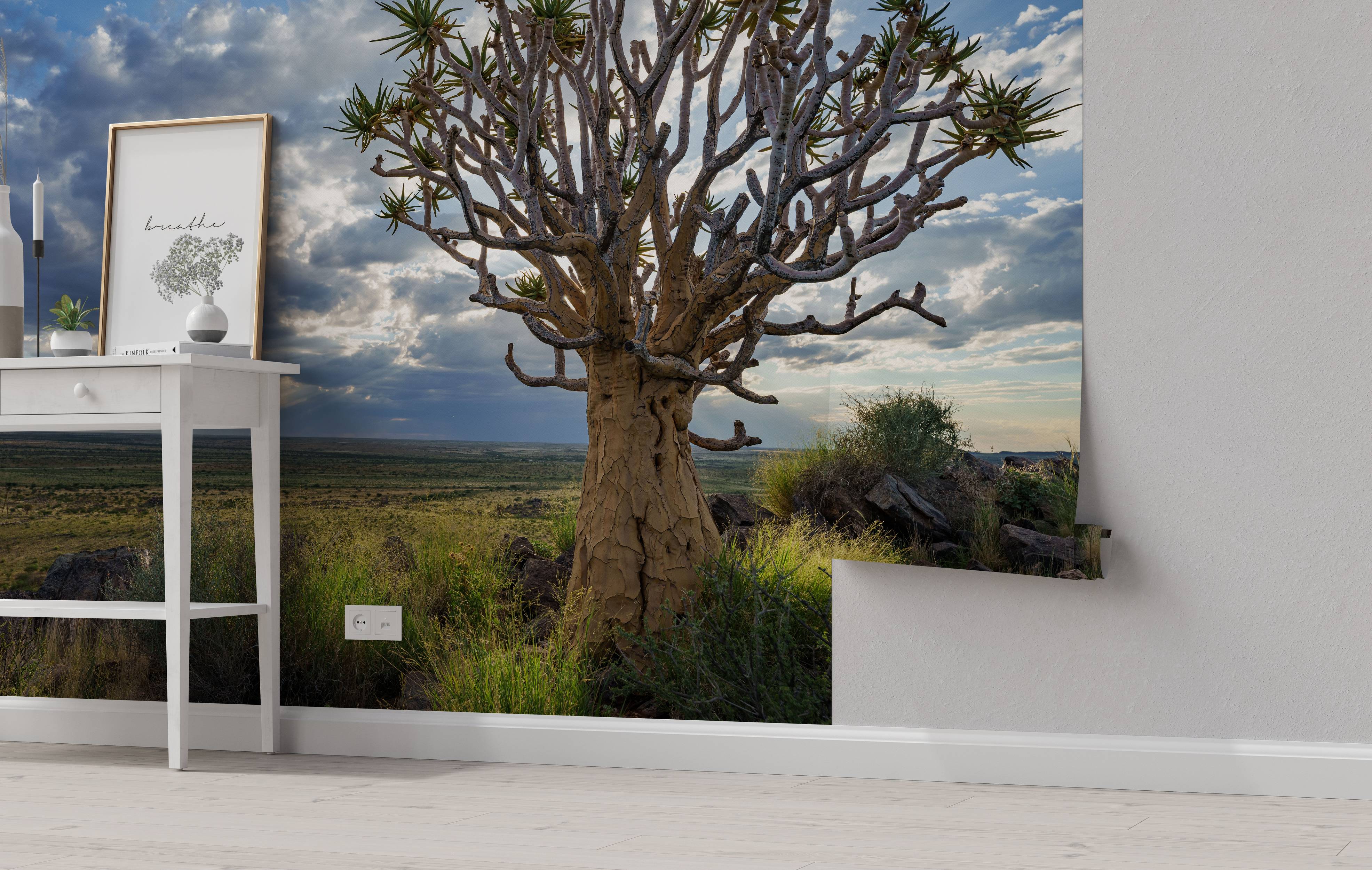 A photorealistic mural of a large quiver tree in a grassy savanna landscape under a dramatic, cloudy sky.