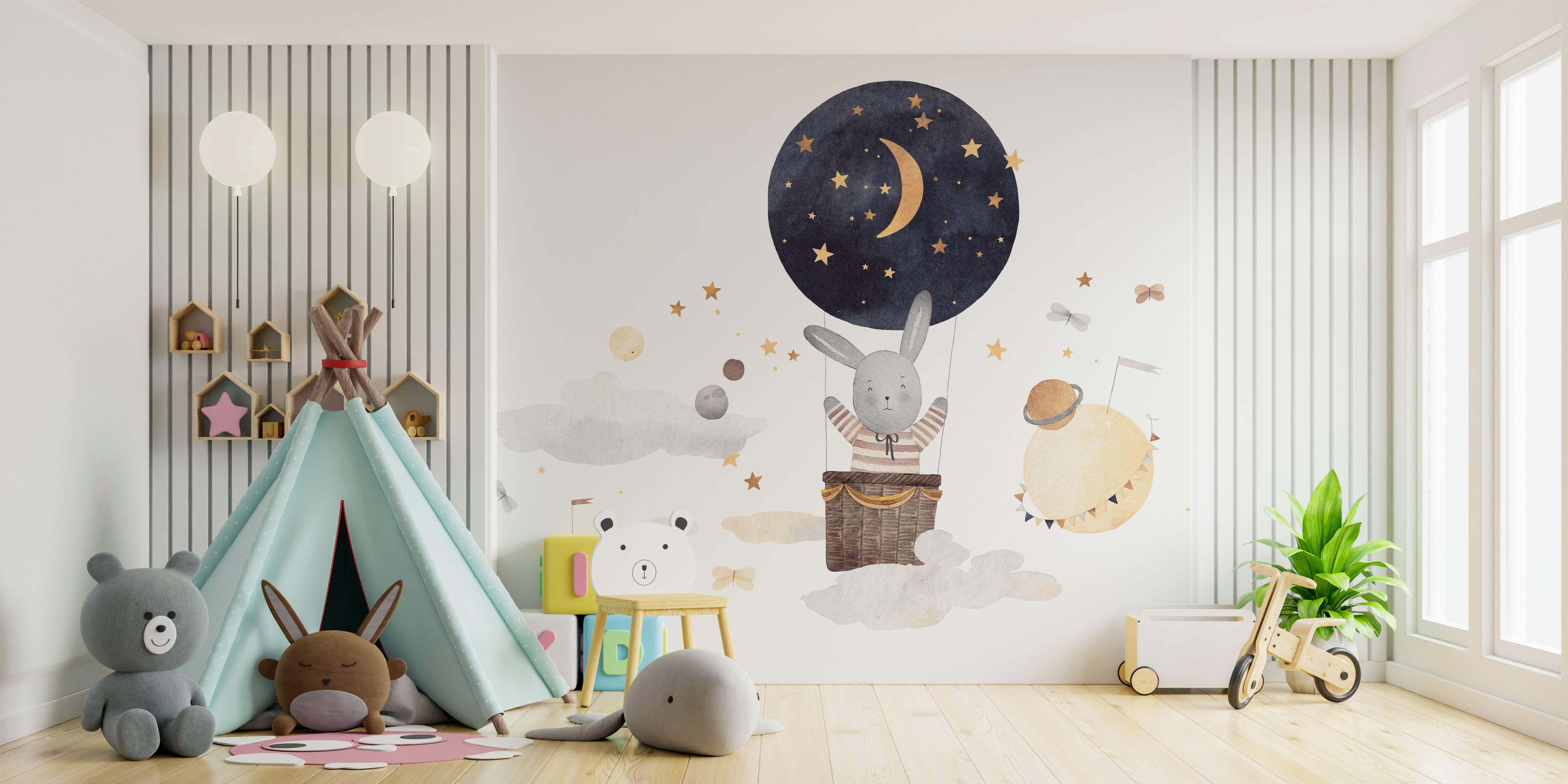 Watercolor mural depicting a rabbit in a night-sky hot air balloon among stars, planets, and clouds in blue, gold, and gray.