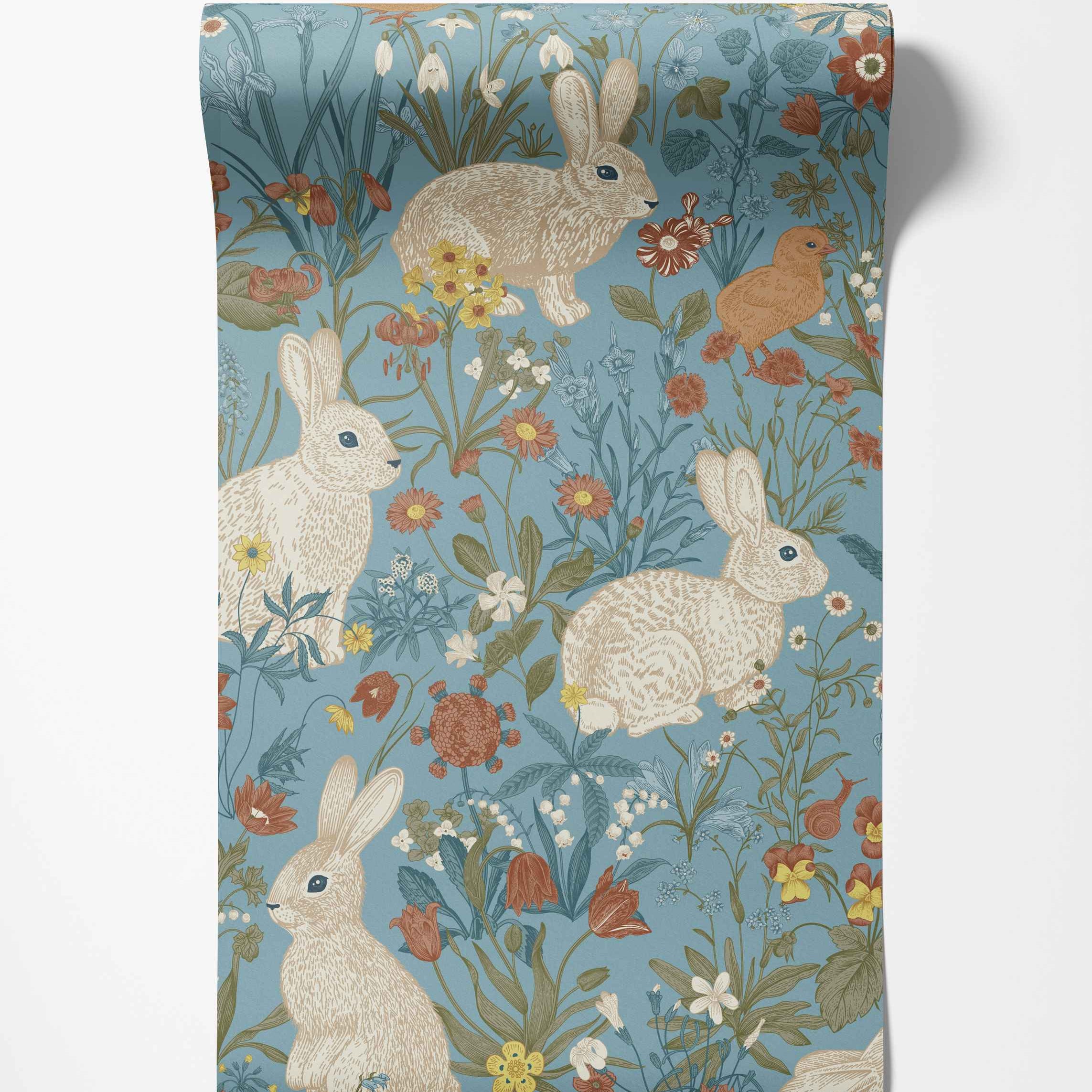 Illustrated nature wallpaper with cream rabbits, a bird, and mixed flowers like tulips and daisies on a blue background.