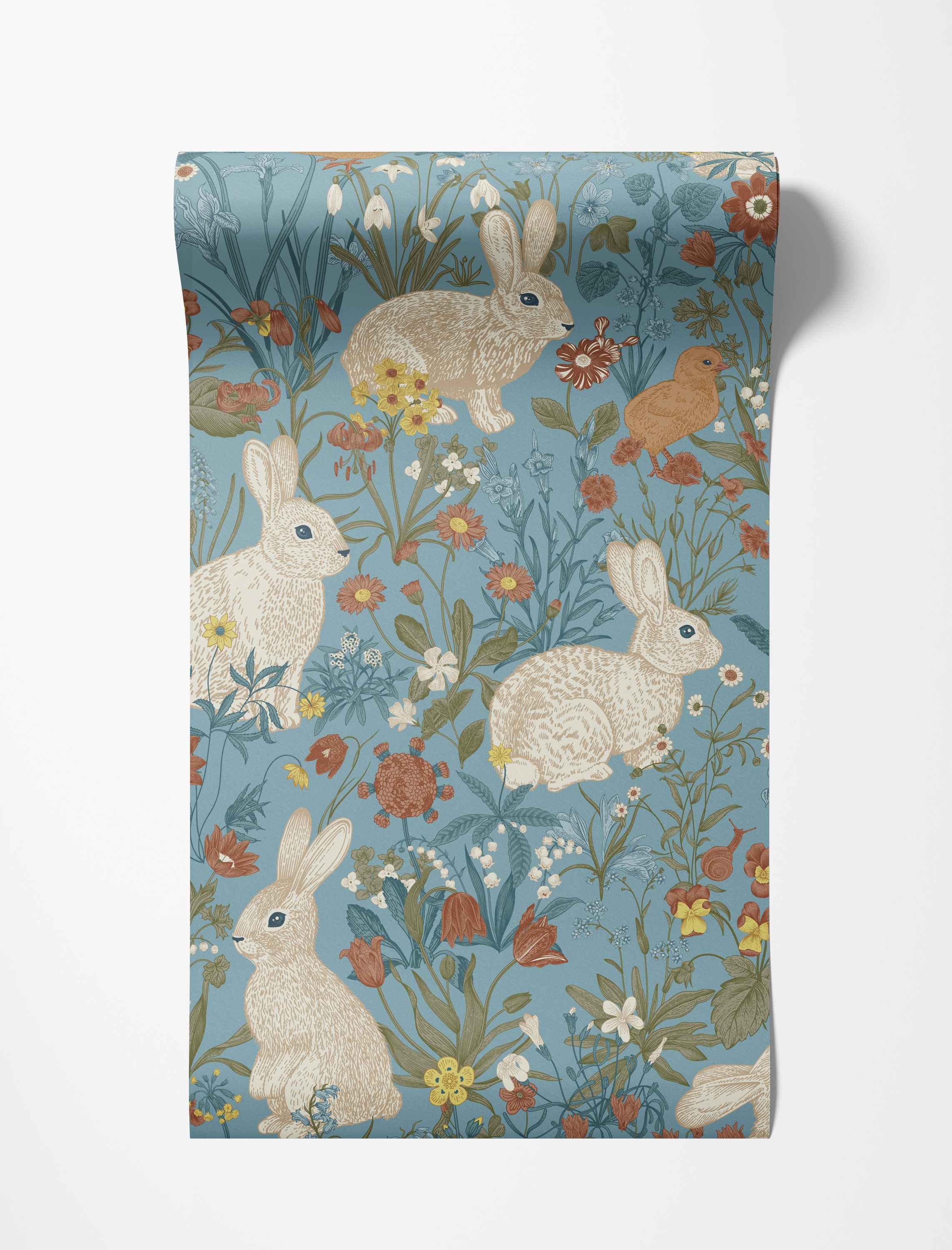 Illustrated nature wallpaper with cream rabbits, a bird, and mixed flowers like tulips and daisies on a blue background.