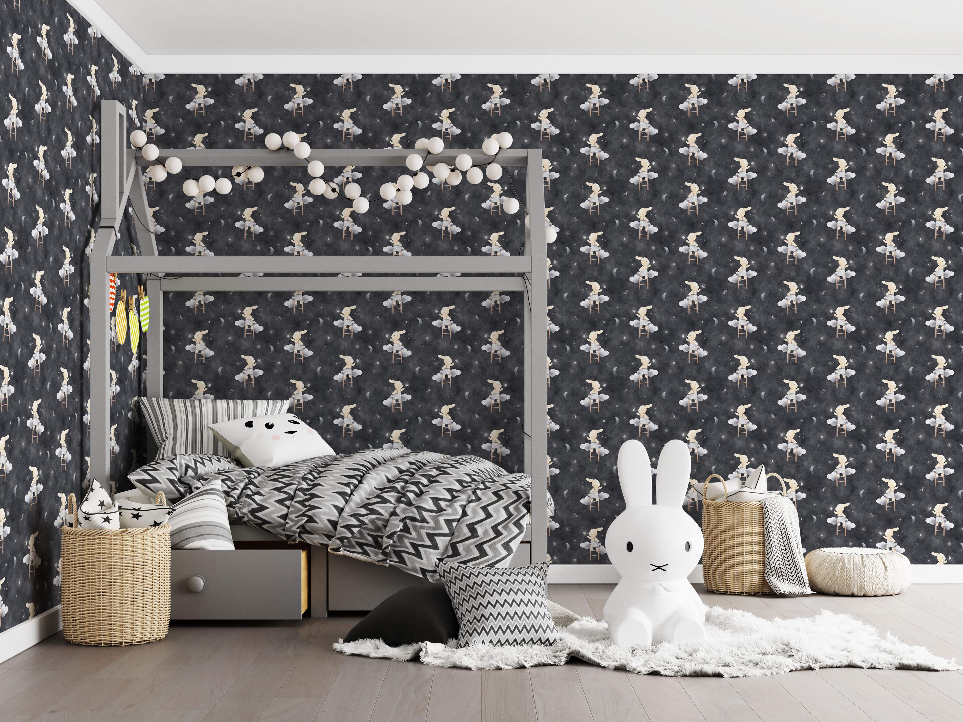 Repeating wallpaper pattern of cute rabbits climbing ladders to clouds on a dark gray sky with stars and moons.