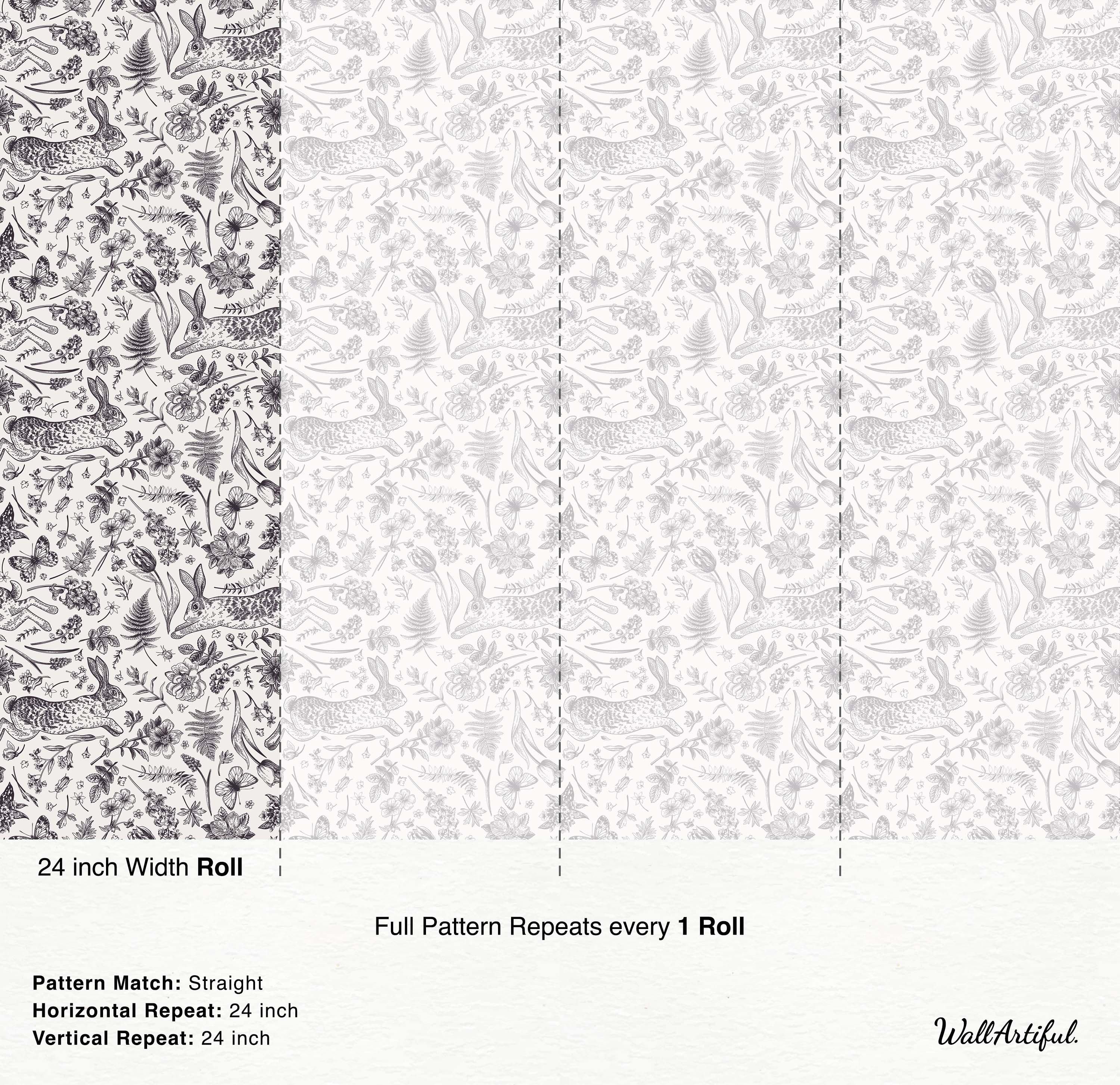 Vintage sketch-style wallpaper with a black and white pattern of leaping rabbits, flowers, ferns, and butterflies.