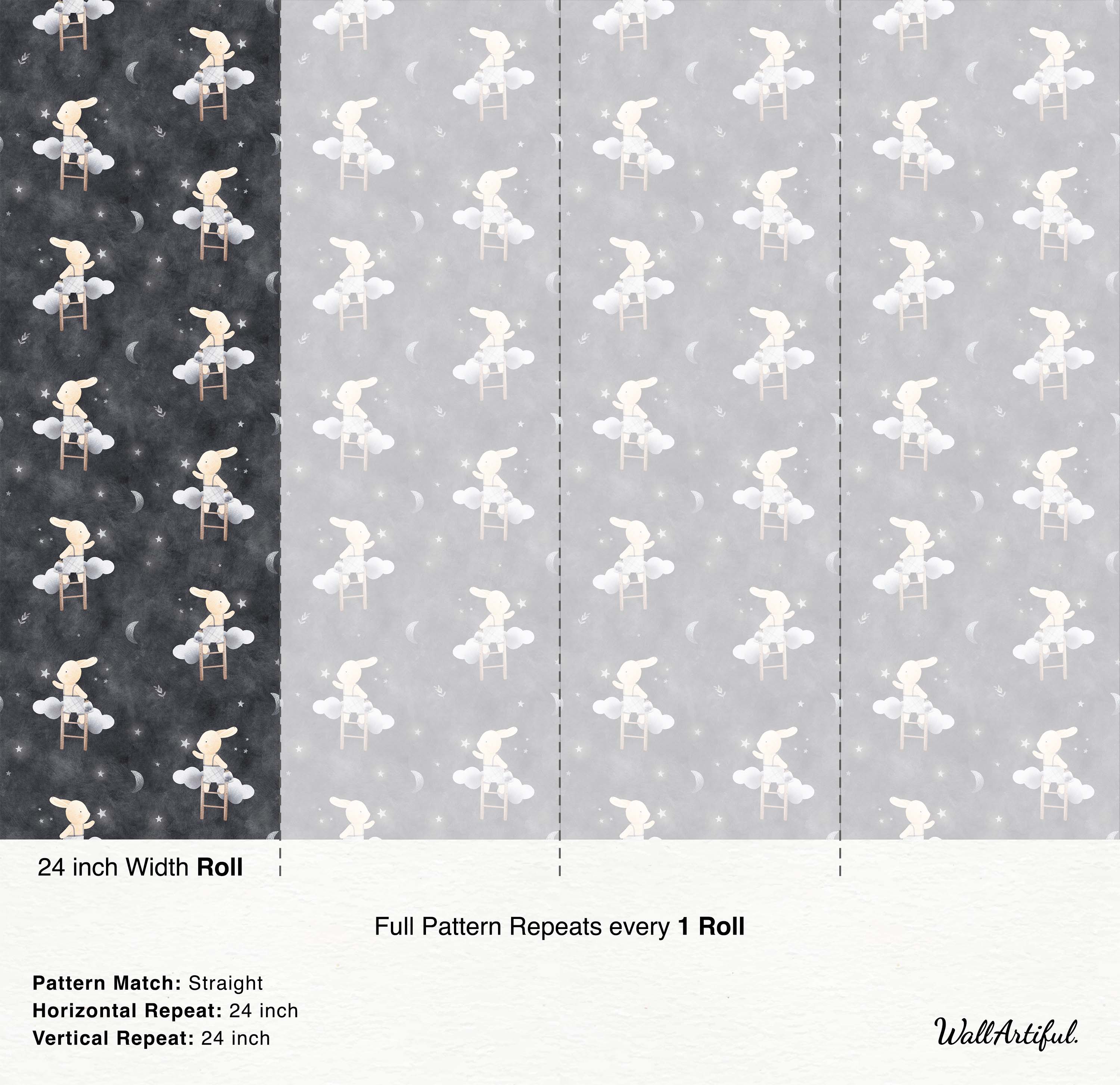 Gray wallpaper with a repeating pattern of cute rabbits climbing ladders on clouds to reach stars and moons.