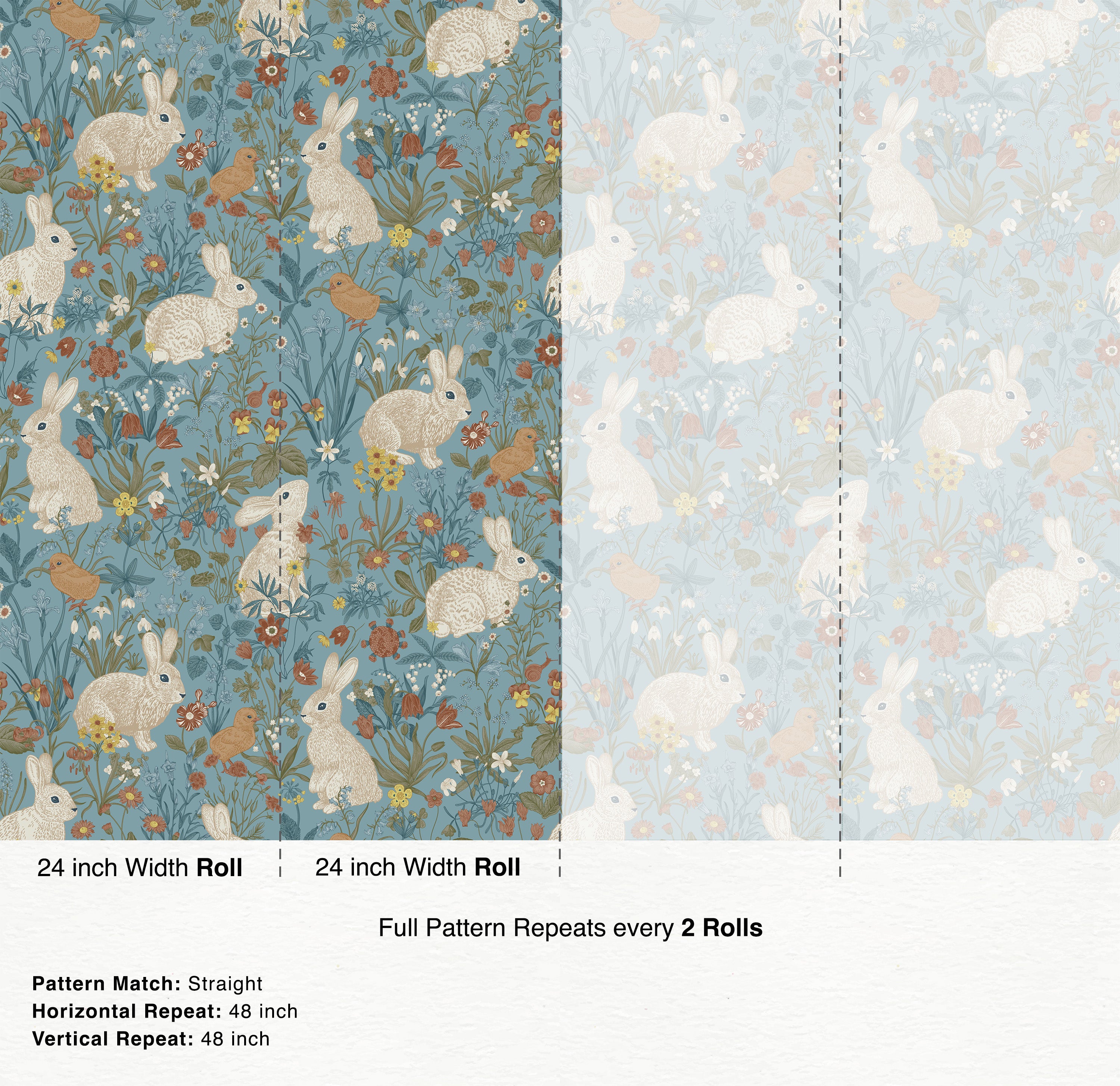 Illustrated wallpaper with cream rabbits and orange birds nestled in a floral meadow pattern on a blue background.