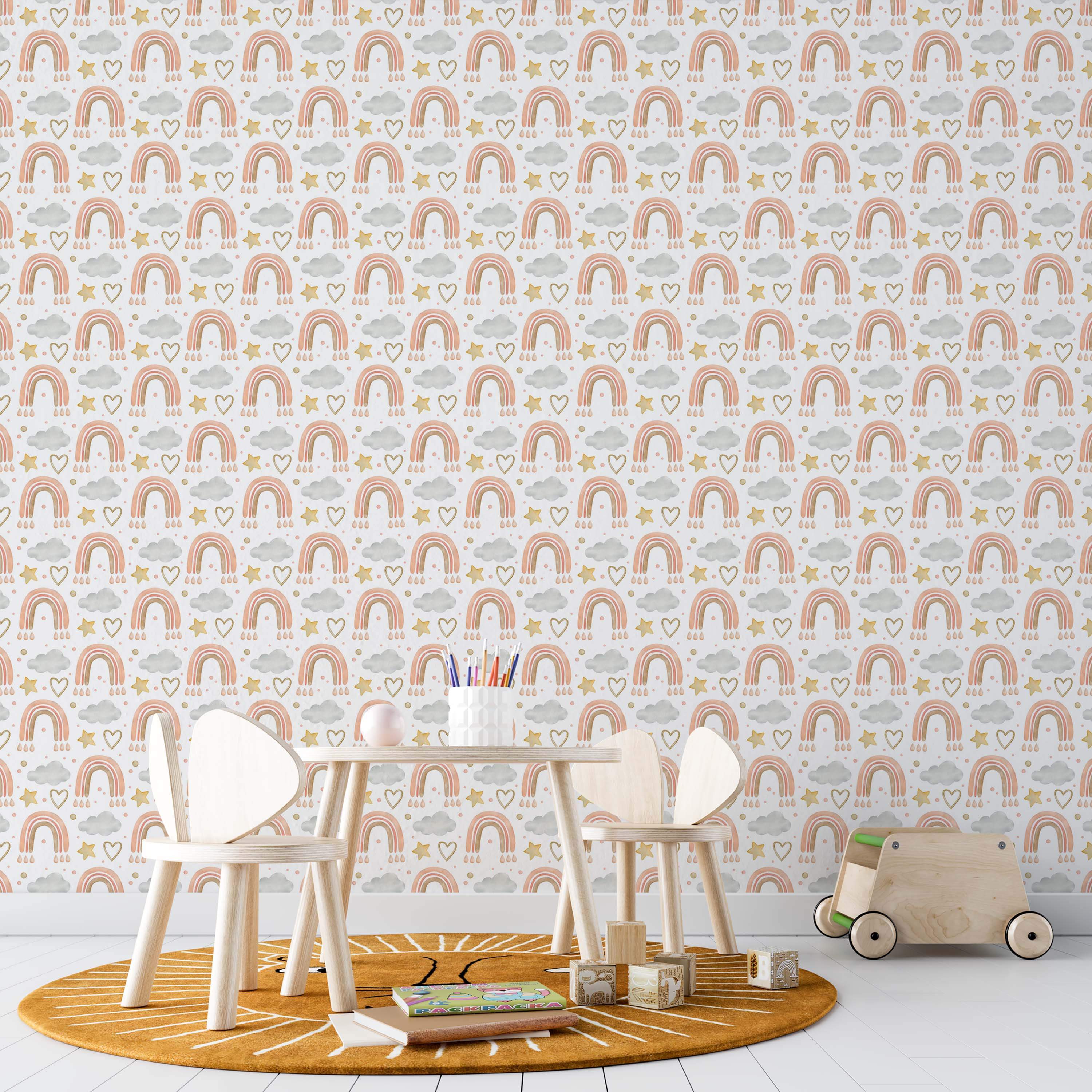 Watercolor wallpaper with a repeating pattern of pink rainbows, gray clouds, yellow stars, and outlined hearts on a white background.