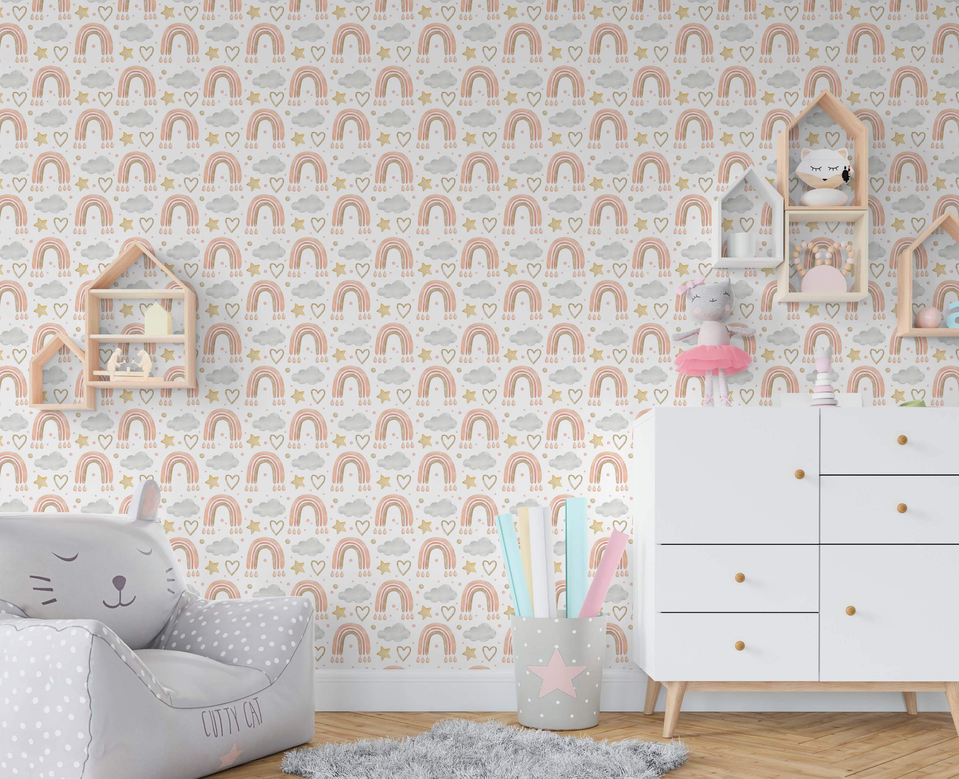 Cute watercolor wallpaper with a pattern of pink rainbows, gray clouds, gold stars, and pink hearts on a white background.