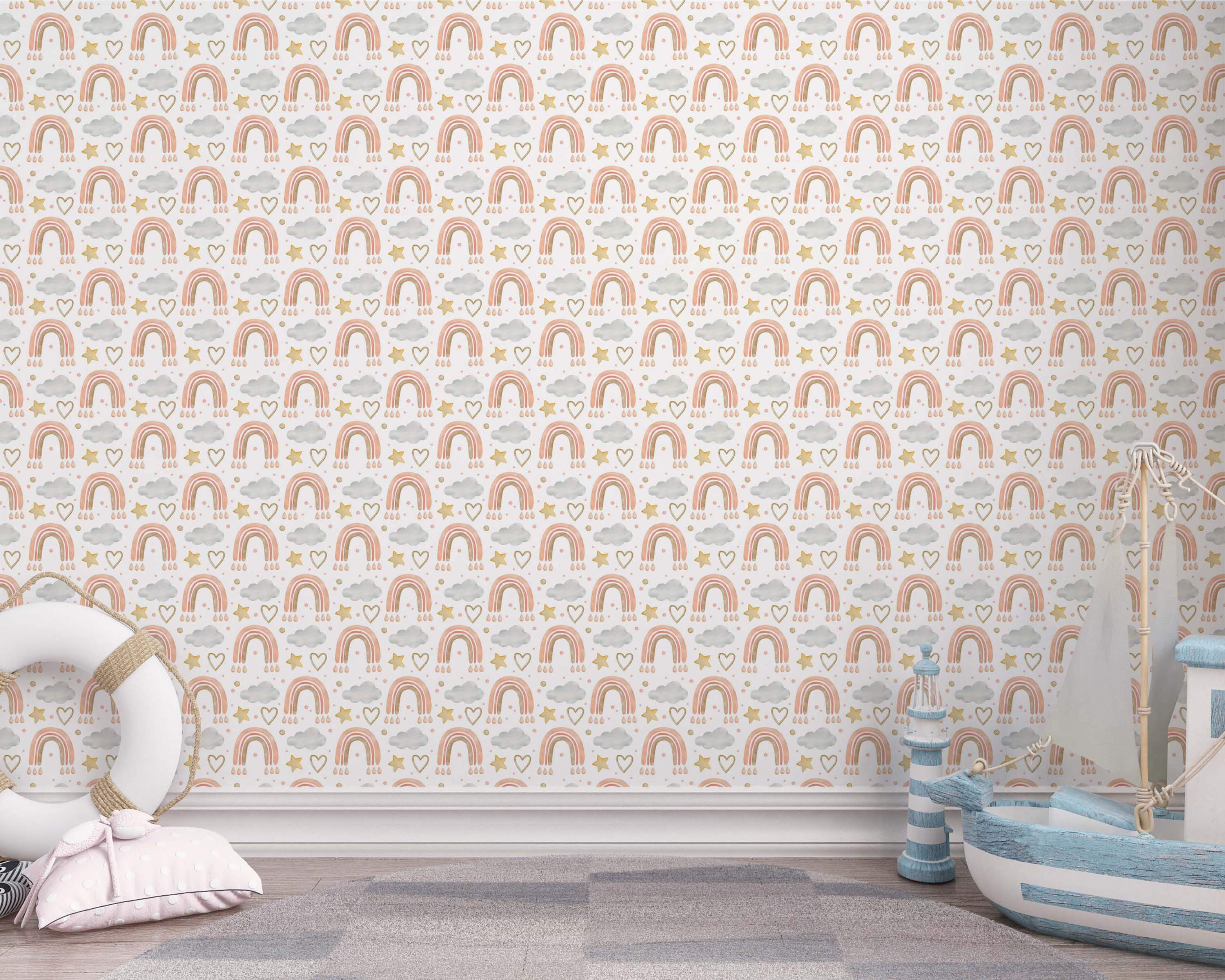 Watercolor wallpaper featuring soft pink rainbows, gray clouds, gold stars, and outlined hearts on a white background.