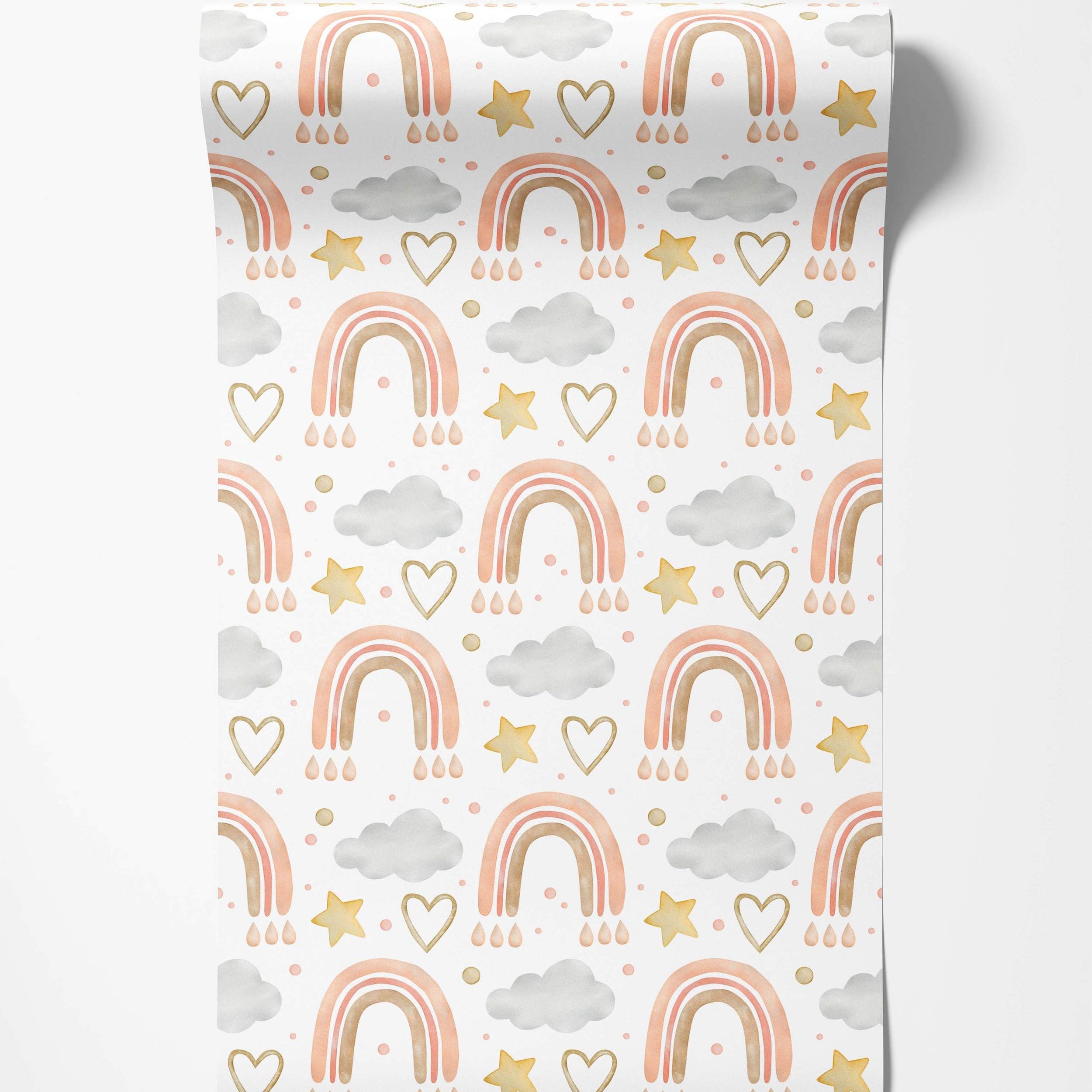 Watercolor wallpaper with a repeating pattern of peach and brown rainbows, gold stars and hearts, and gray clouds on white.