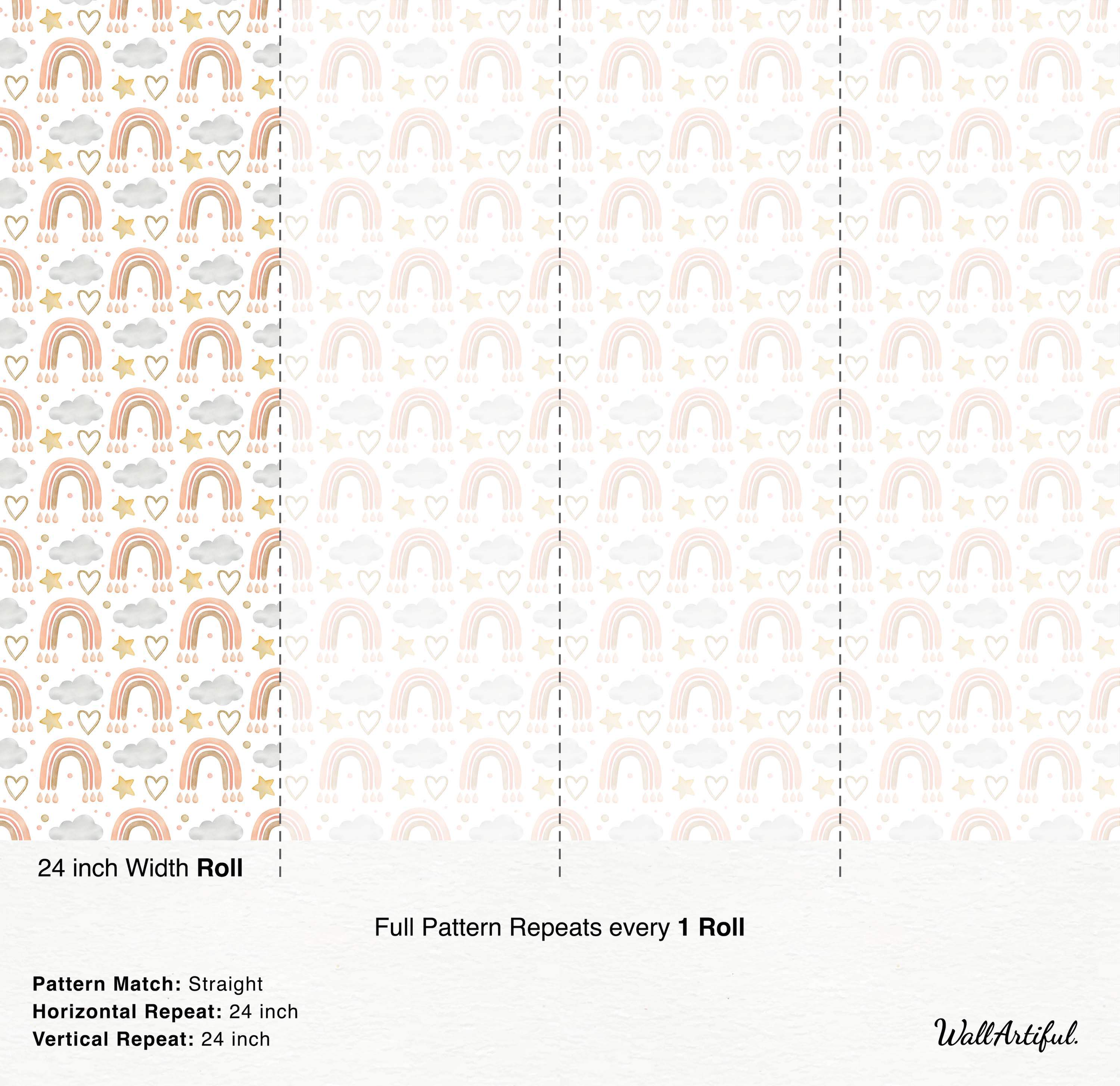Soft watercolor wallpaper featuring pink and brown rainbows, gray clouds, yellow stars, and outlined hearts on a white background.