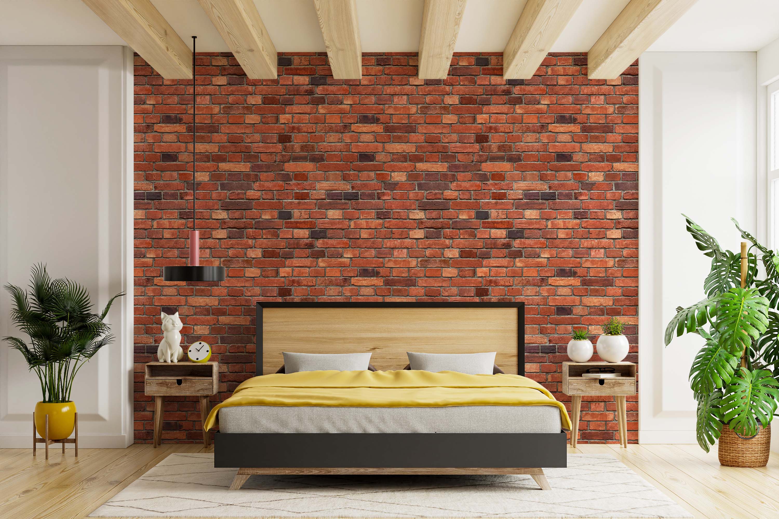 Red brick wallpaper displaying a realistic pattern of varied red and dark brown bricks with gray mortar lines.