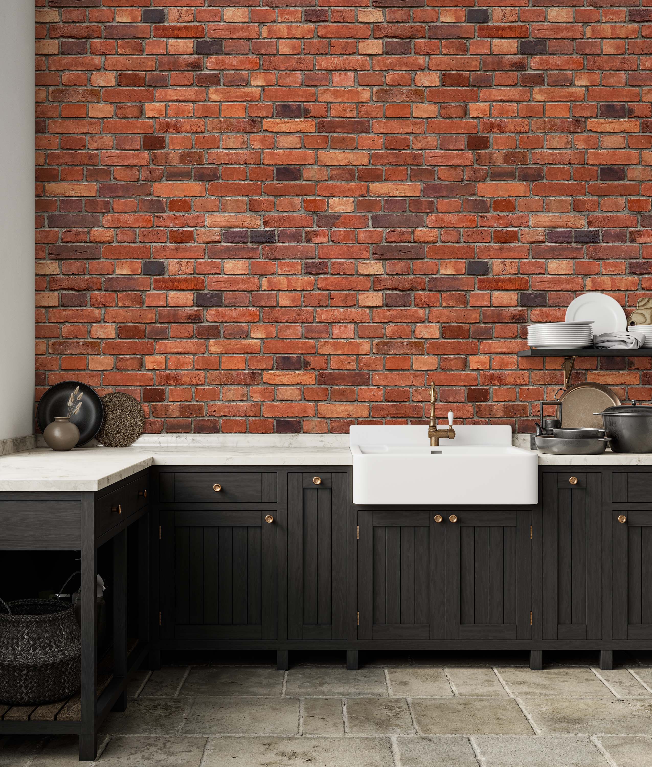 Realistic red brick wallpaper featuring a classic running bond pattern with varied shades of red, brown, and dark accents.