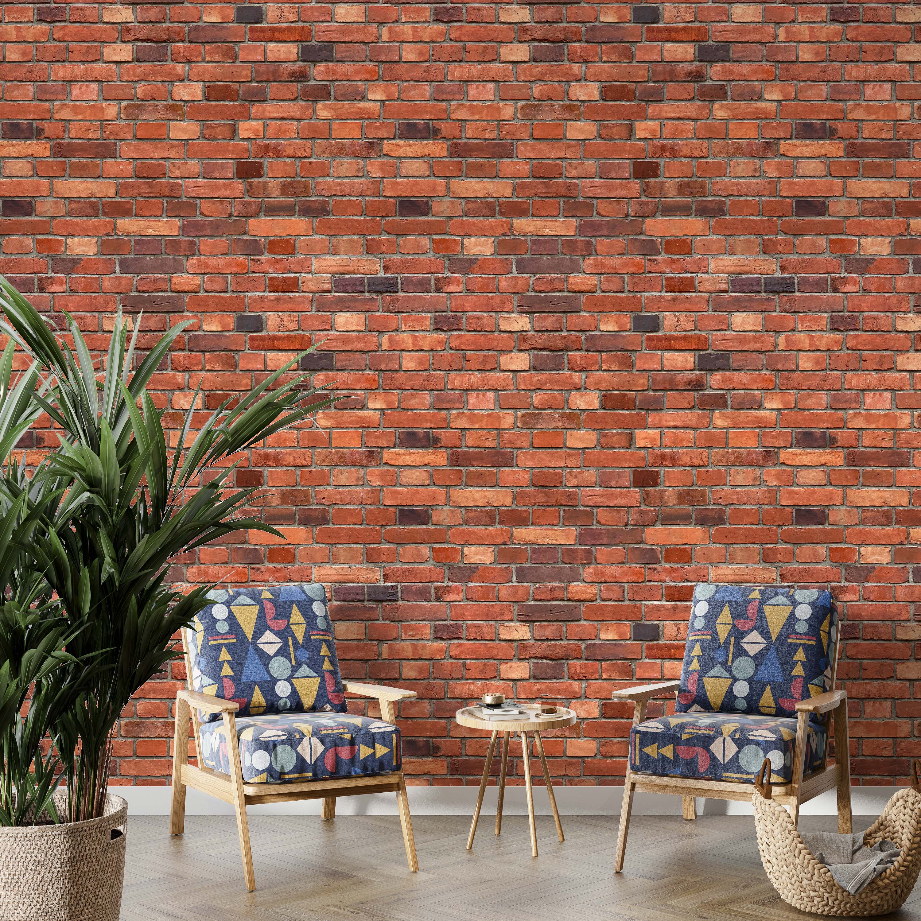 Realistic red brick wallpaper with varied shades of red, orange, and dark brown bricks and light gray mortar.