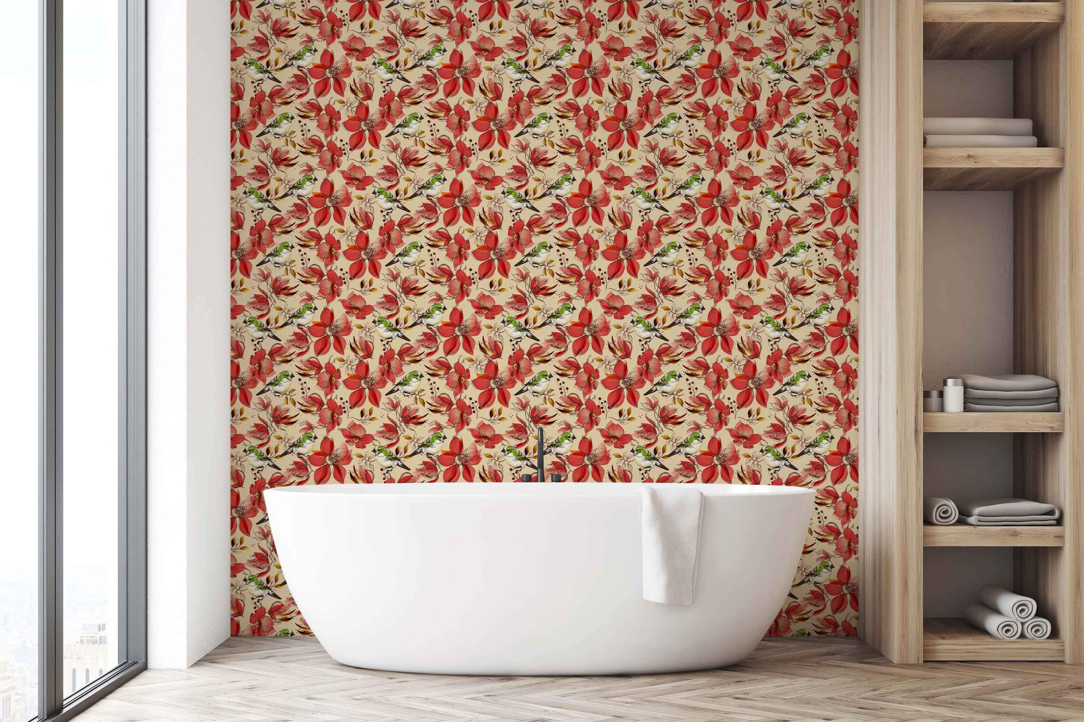 Wallpaper with a repeating pattern of illustrated red flowers and small green birds with white chests on a light beige background.