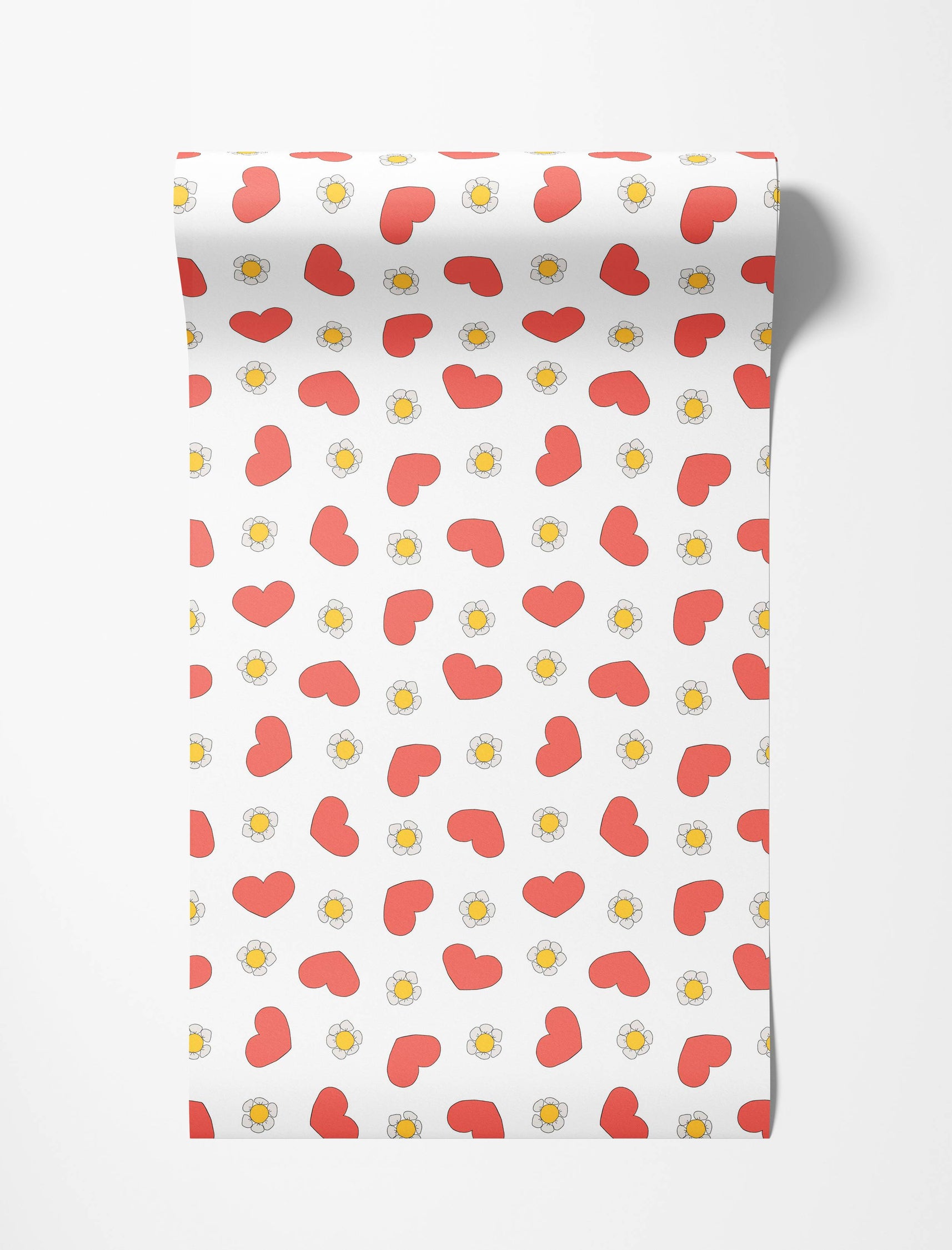 A cute wallpaper featuring a pattern of illustrated red hearts and simple white daisies with yellow centers.